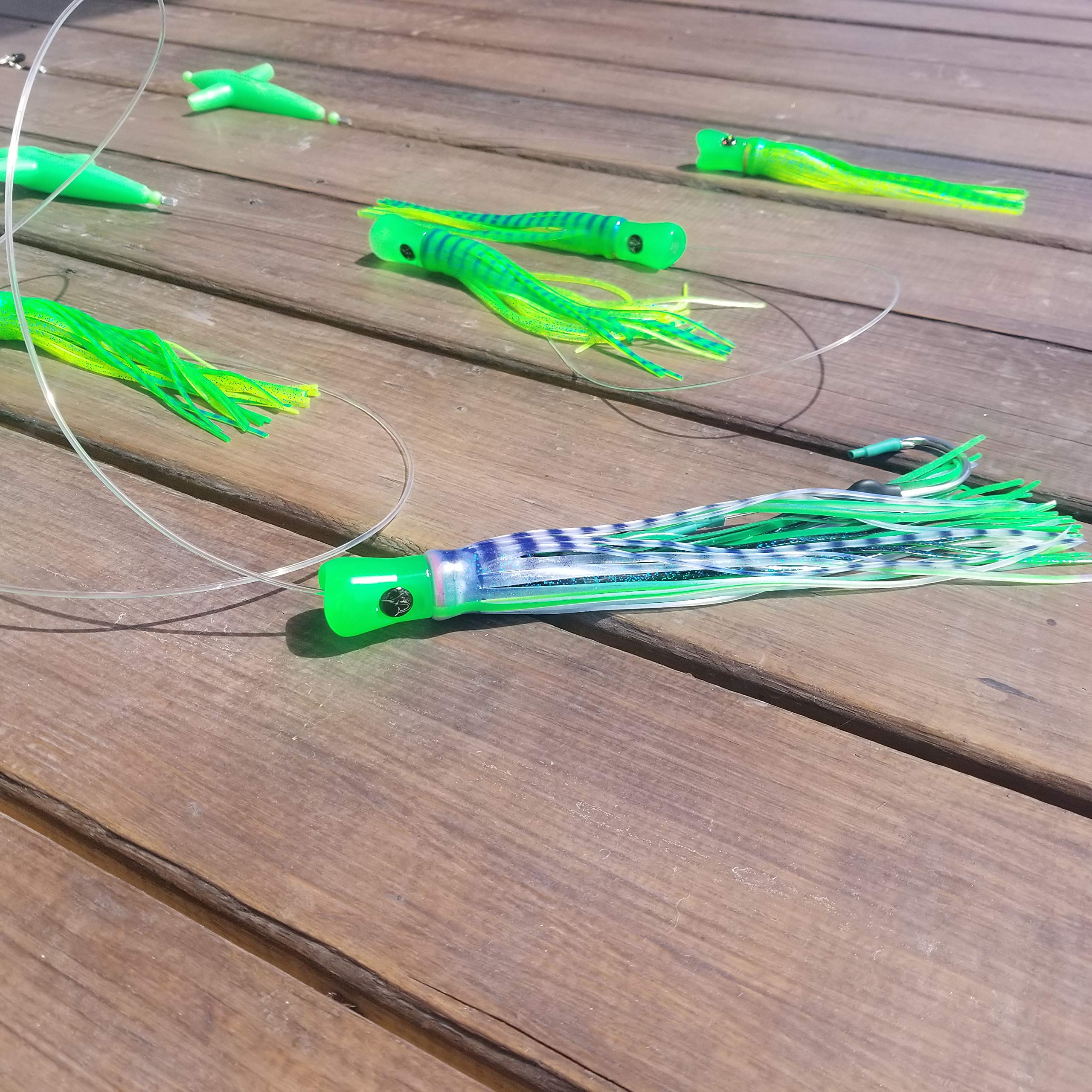 36-Inch Skipjack Hybrid UV 8-Inch Green Mackerel Fishing Lures with Splash Bar - Bigeye Tuna Spreader Bar Kit (5 Birds) - Made in USA - Perfect for Offshore Tuna Fishing & Saltwater Angling - Ideal for Deep Sea Fishing, Trolling, and Game Fish Attraction