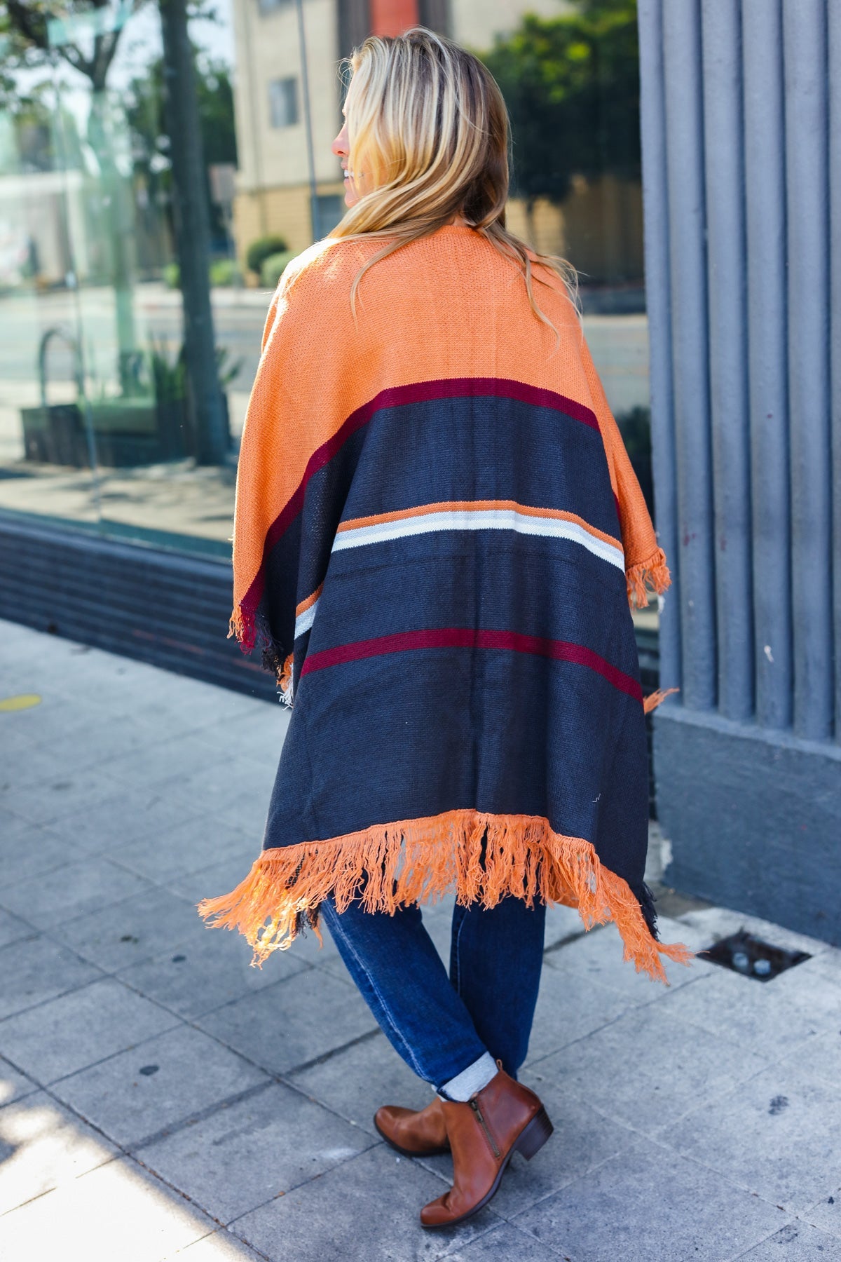 Stylish Rust Multicolor Stripe Tassel Fringe Open Poncho Shawl - Perfect for Beach Cover-Up, Music Festivals & Boho Fashion