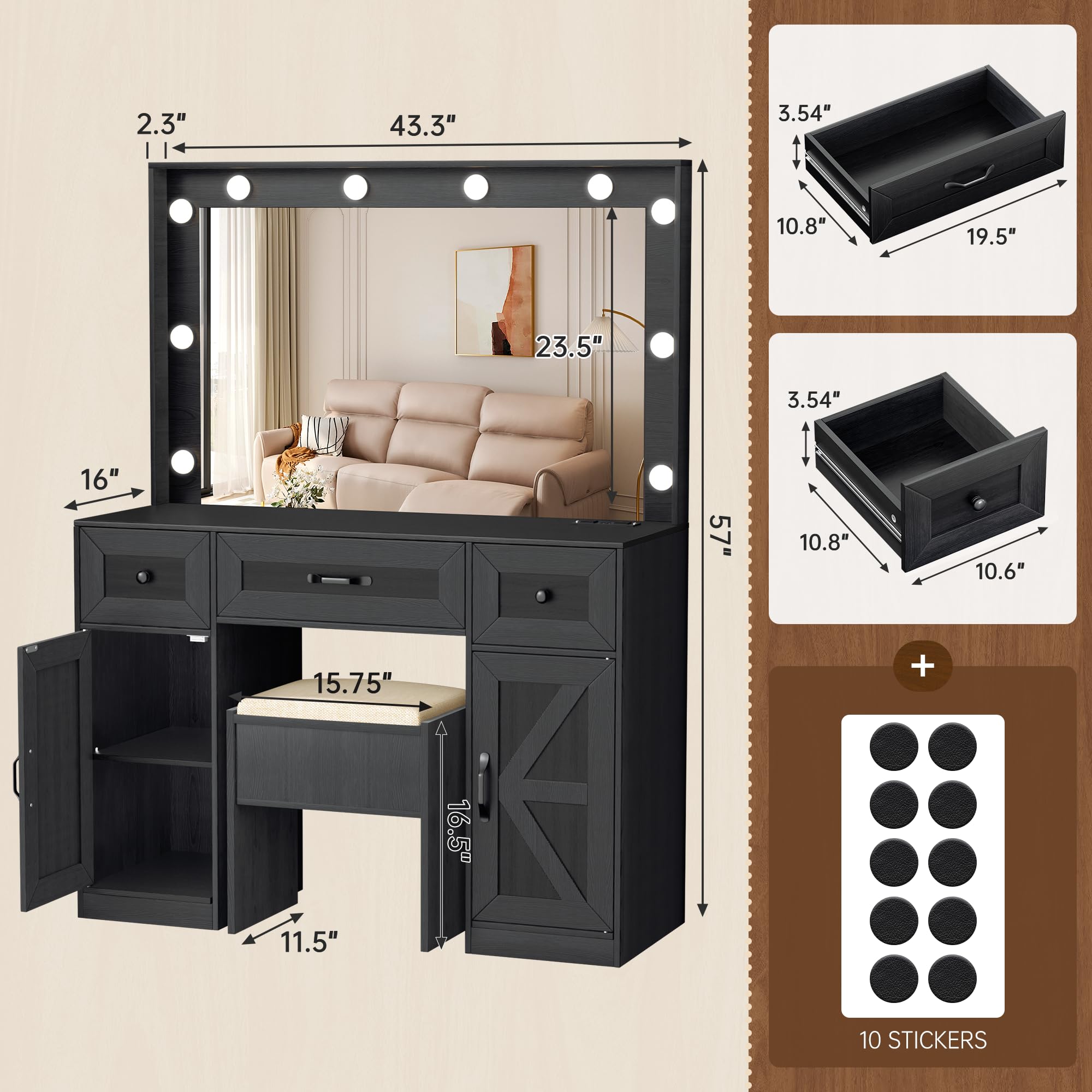 Greenvelly Makeup Vanity Table with LED Lighted Mirror - Black Vanity Desk with 3 Lighting Modes, Stool & Storage Drawers - Dressing Table for Women & Girls | Perfect for Bedroom, Bathroom & Beauty Salon Makeup Station