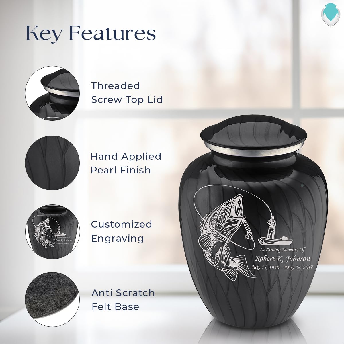 Personalized Fishing Cremation Urn for Ashes - Large Pearl Black Funeral Urn for Men & Women with Double Side Engraving - Holds 200 lbs - Perfect for Memorial Services & Home Display