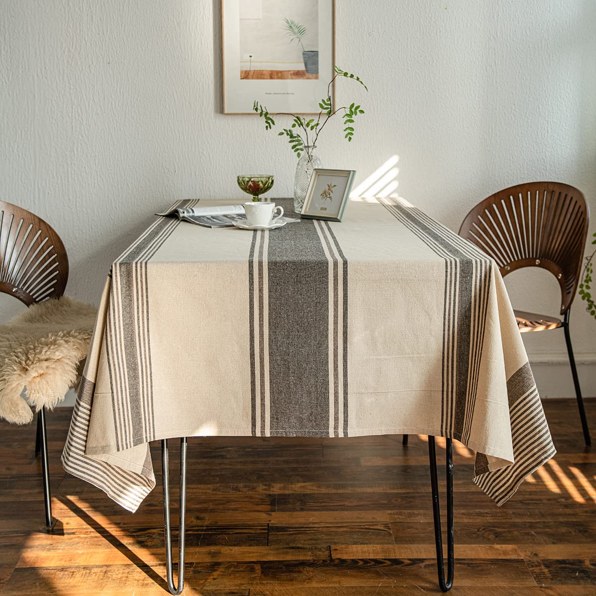 ArtBud Heavy Duty Burlap Cotton Linen Tablecloth - Farmhouse Style Striped Rectangle Table Cover 55