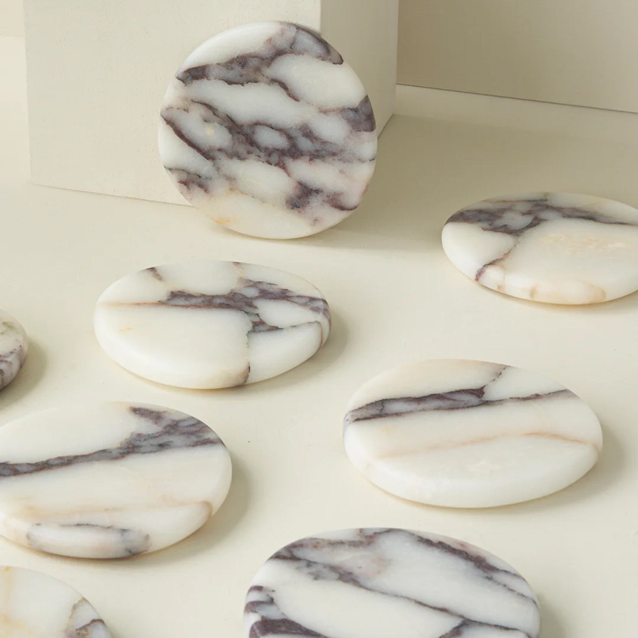 Premium BLACK BLAZE Stone Coasters Set of 2 - Calacatta Viola Marble Drink Coasters for Wine, Coffee & Cocktails - Elegant Home Bar & Dining Table Accessories