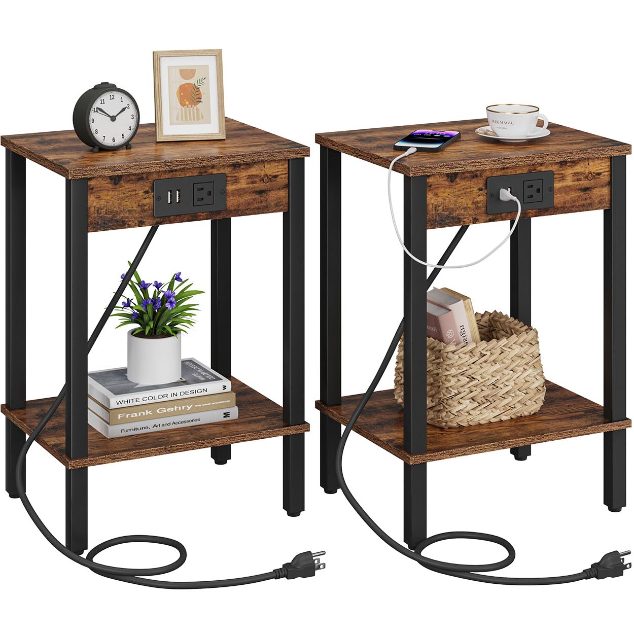 2-Tier Narrow End Table Set with USB Charging Station & Outlets - Nightstand with Storage Shelves for Small Spaces, Perfect for Living Room, Bedroom & Dorm Use