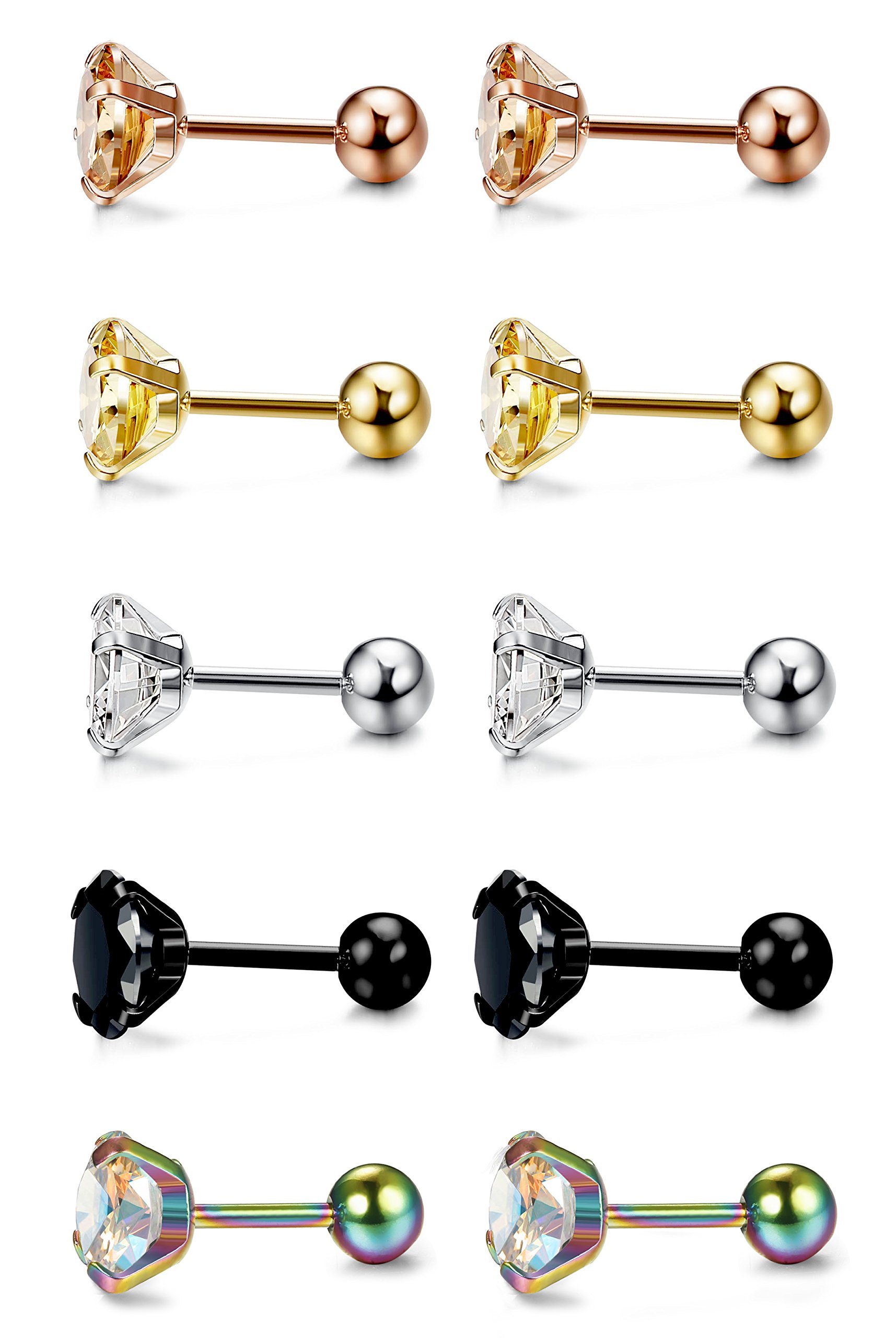 LOYALLOOK 5 Pairs Stainless Steel Cubic Zirconia Stud Earrings for Women - Hypoallergenic, 4-8mm, 5 Color Options - Perfect for Everyday Wear, Parties & Gift Giving