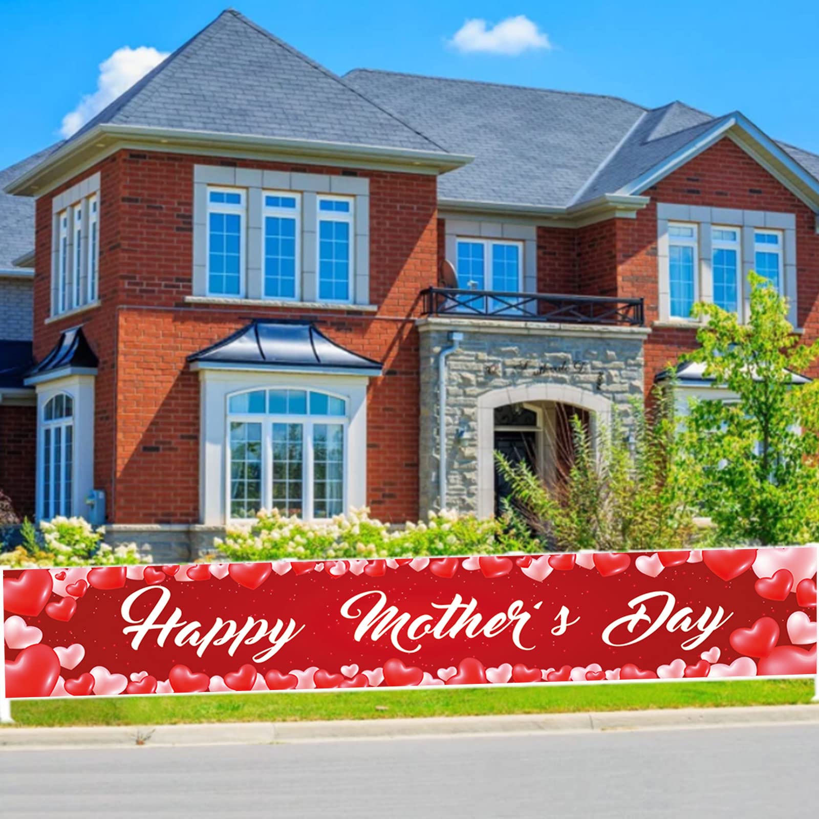 Large Happy Mother's Day Banner - Red Heart Decor for Mother's Day Party & Celebration - Perfect for Home, Office, and Event Decorations