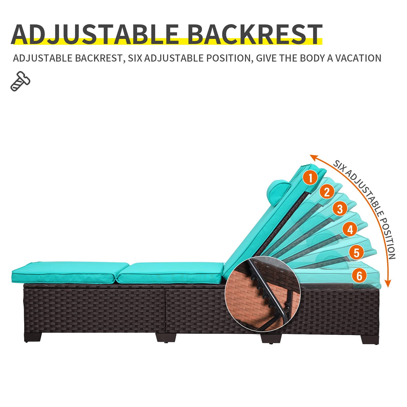 Outdoor PE Wicker Chaise Lounge Set of 3 - Adjustable Brown Rattan Recliners with Turquoise Cushions & Storage Table - Patio, Poolside, Garden Furniture for Relaxing Outdoors