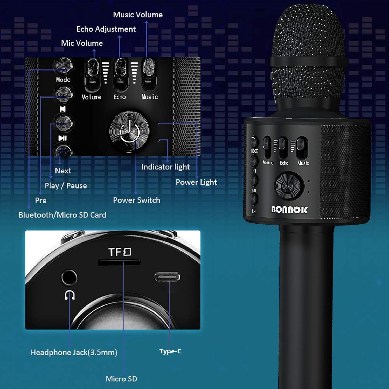 BONAOK Wireless Bluetooth Karaoke Microphone - Portable 3-in-1 Handheld Karaoke Mic with Speaker for iPhone, Android & Smartphones | Perfect for Home Parties, Birthday Celebrations & Singing Practice (Black)