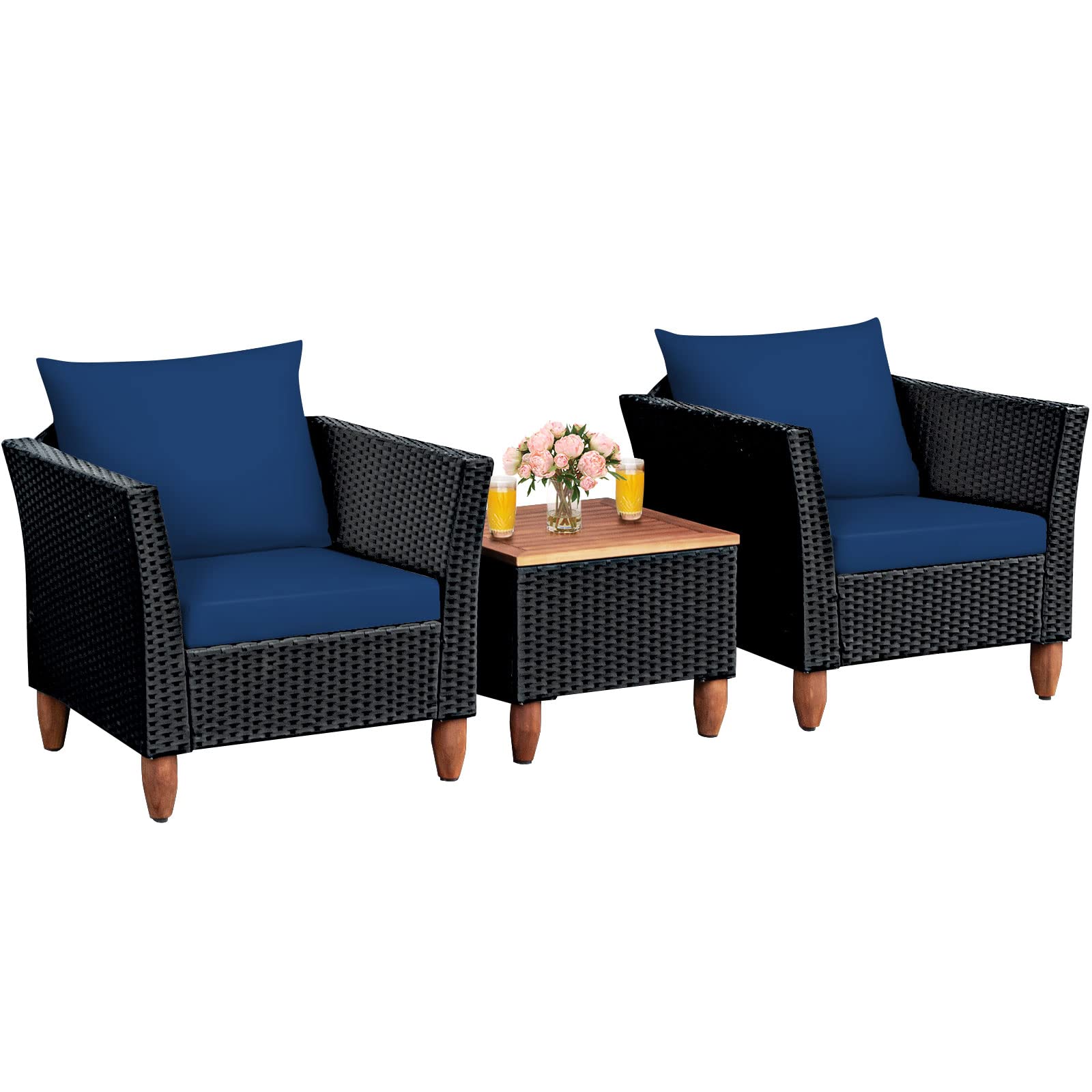 Tangkula 3-Piece Outdoor Patio Furniture Set - All-Weather Wicker Rattan Sofa with Washable Cushions & Acacia Wood Coffee Table - Perfect for Backyard, Balcony, Garden, and Poolside Relaxation (Blue)