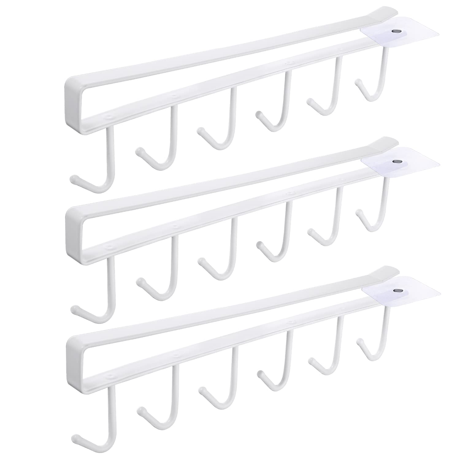 3-Pack Under Cabinet Mug Hangers - 6 Hook Adhesive Cup Holder for Coffee Mugs - Space Saving Kitchen Organization for Cabinets, Pantry & Office