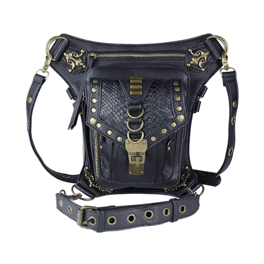 **Tactical Drop Leg Bag for Men & Women - Vintage Gothic Leather Waist Pack, Steampunk Messenger Shoulder Fanny Pack - Multi-Purpose Hip Belt Pouch for Outdoor, Travel & Cosplay (Black)**