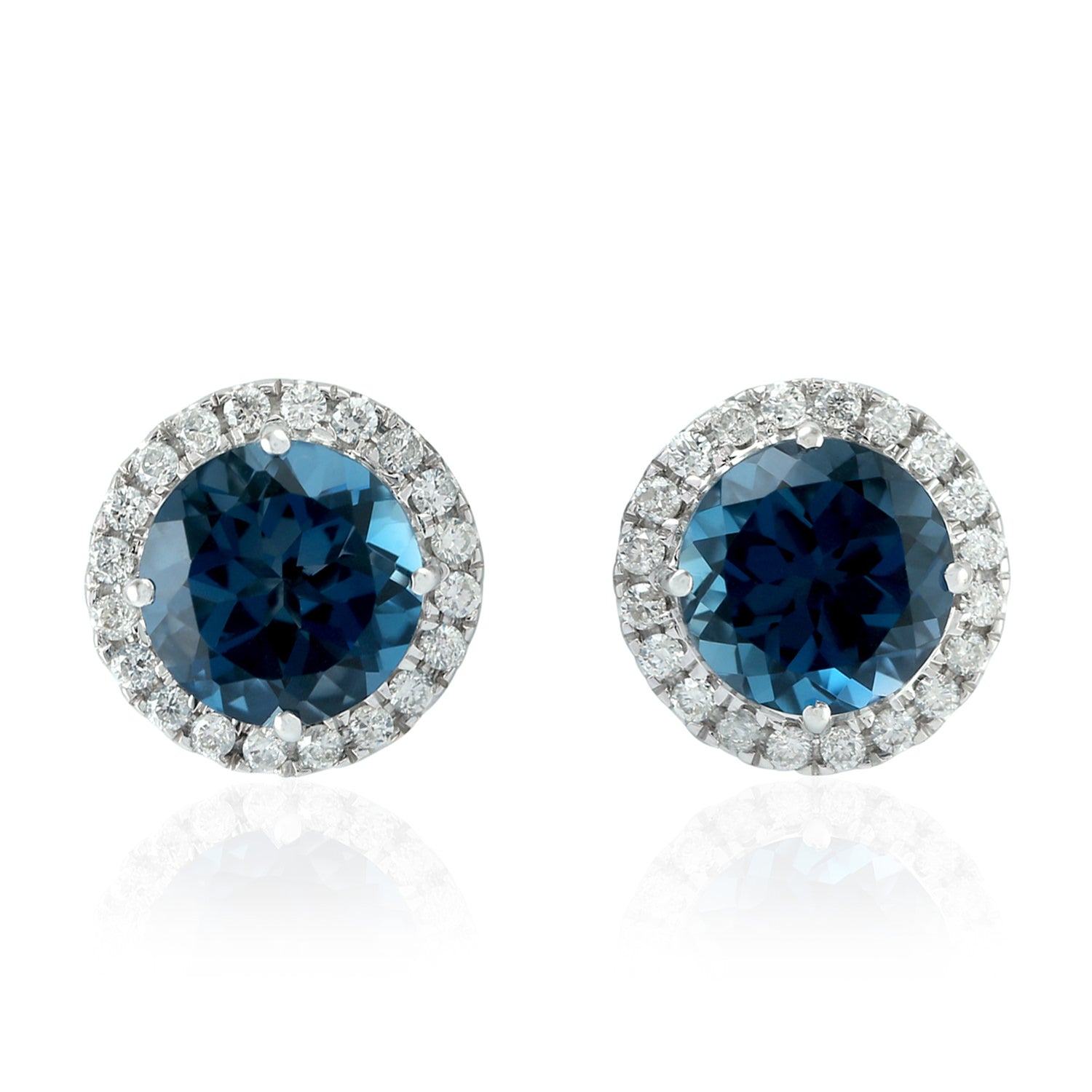 18K White Gold London Blue Topaz Pave Diamond Stud Earrings – Elegant Jewelry for Women, Perfect for Weddings, Parties & Special Occasions