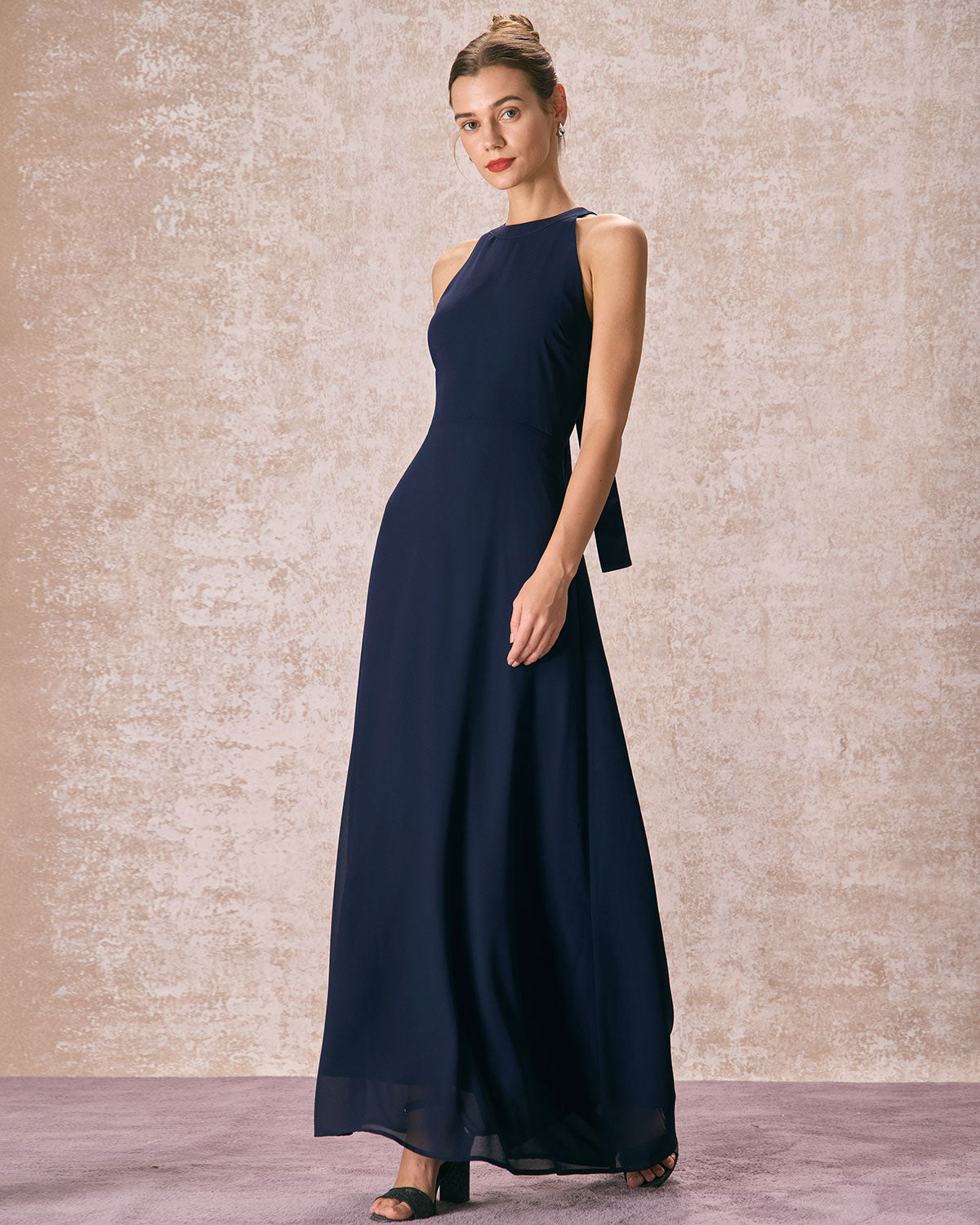 Elegant Navy Blue Halter Neck Bowknot Maxi Dress for Women - Perfect for Beach Vacations, Summer Parties & Date Nights