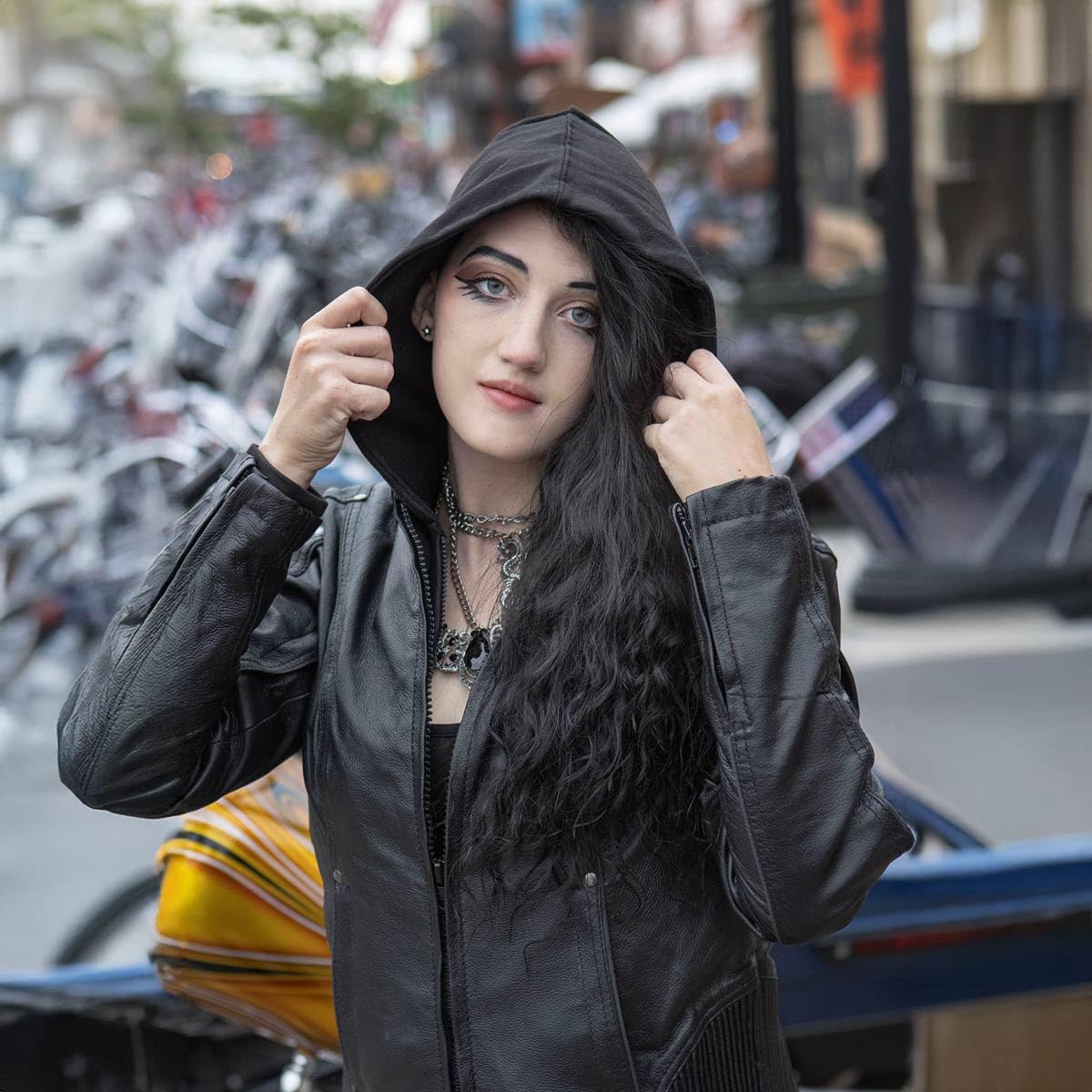 Milwaukee Leather MLL2555 Women's Black 3/4 Length Hooded Leather Jacket with Side Stretch Panels - Perfect for Motorcycle Riding, Casual Outfits & Fall Fashion