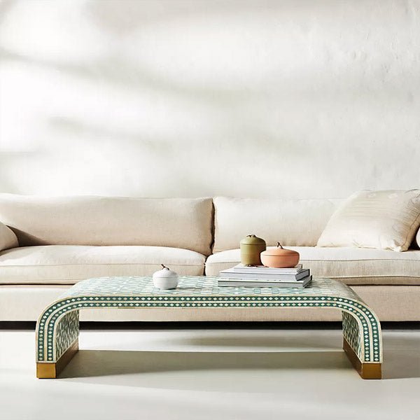 Handmade Bone Inlay Waterfall Coffee Table - Light Green Boho Style Living Room Furniture for Home Decor, Perfect for Lounge, Living Area & Office Spaces
