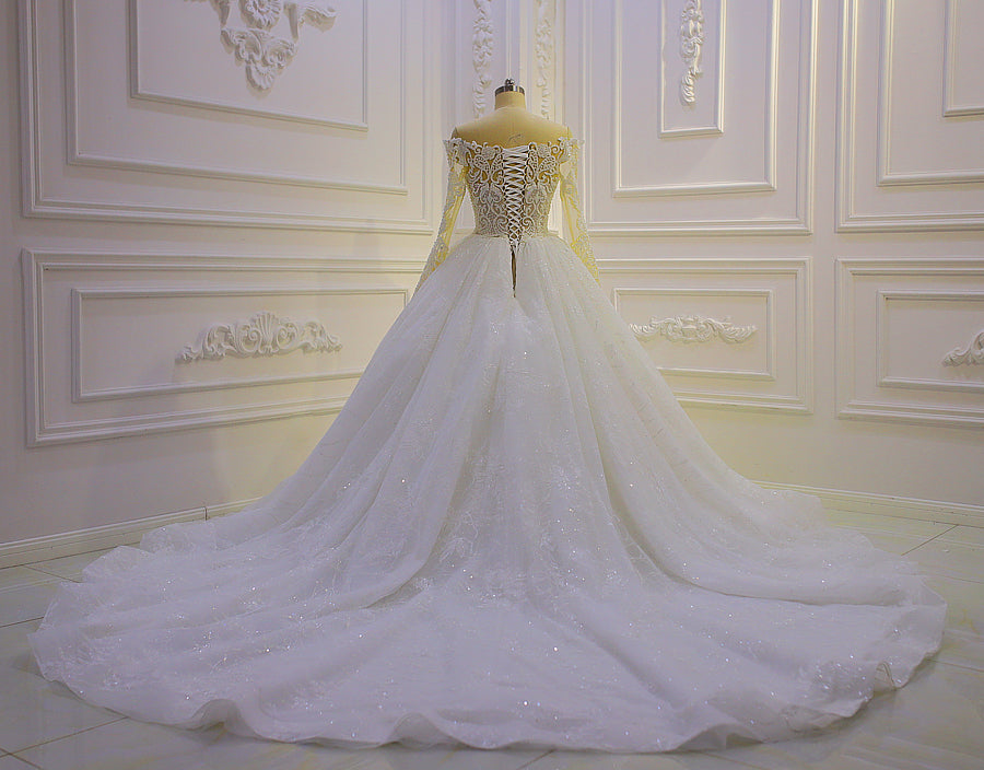 Custom Made Off Shoulder Long Sleeve Lace Appliques Wedding Dress - Elegant Bridal Gown for Church Ceremony, Beach Wedding & Formal Reception