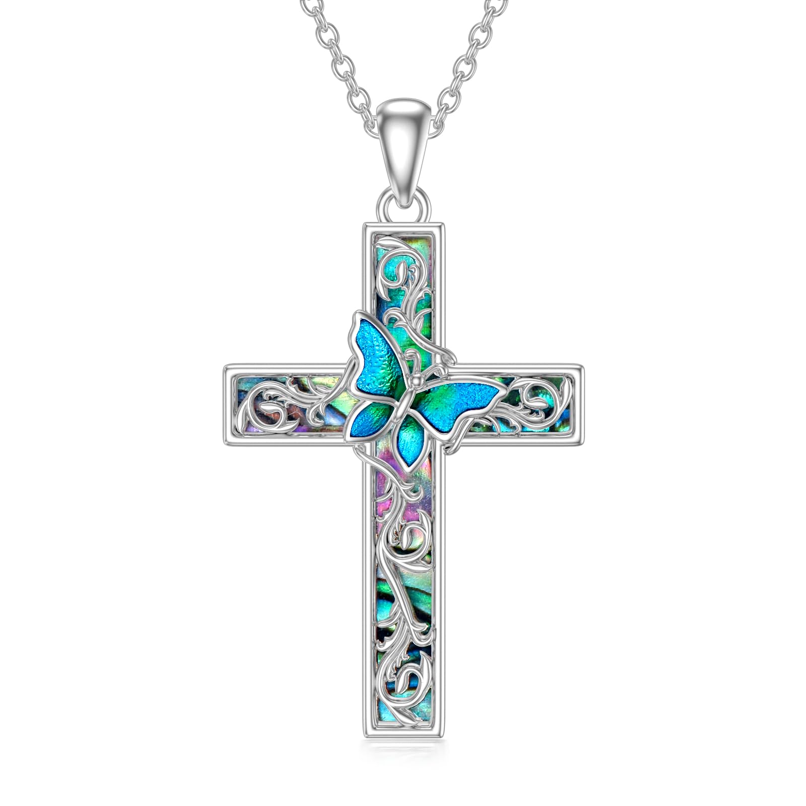 WINNICACA Sterling Silver Cross Necklace with Abalone Shell - Butterfly, Dragonfly, or Ladybug Pendant - Elegant Jewelry Gift for Women & Girls (Birthday, Anniversary, Christmas) - Perfect for Everyday Wear, Special Occasions & Gift Giving