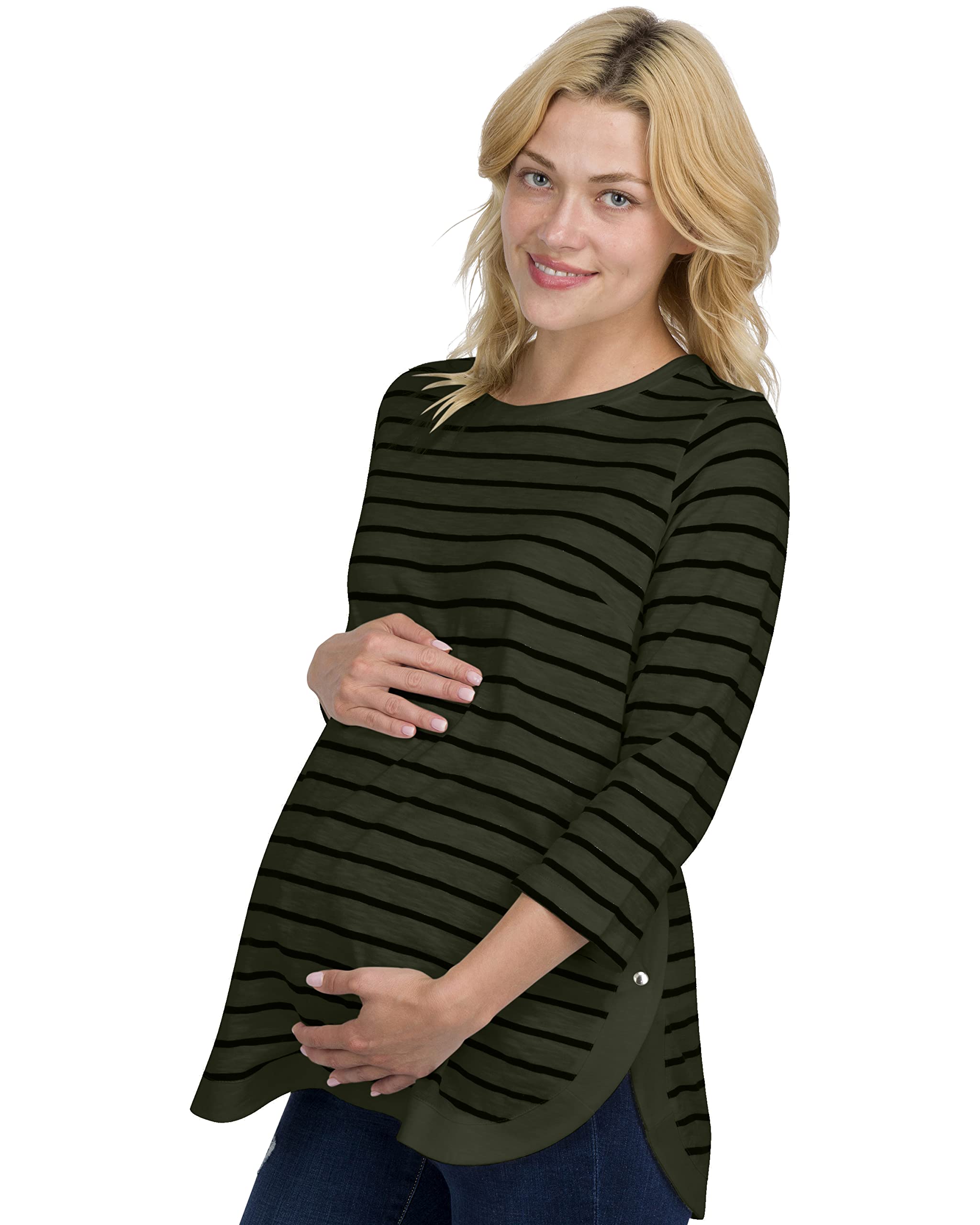 Striped Side-Button Maternity Nursing Long Sleeve Top - Lightweight Pregnancy Shirt & Blouse for Office Work - Comfortable Professional Wear for Expecting Mothers