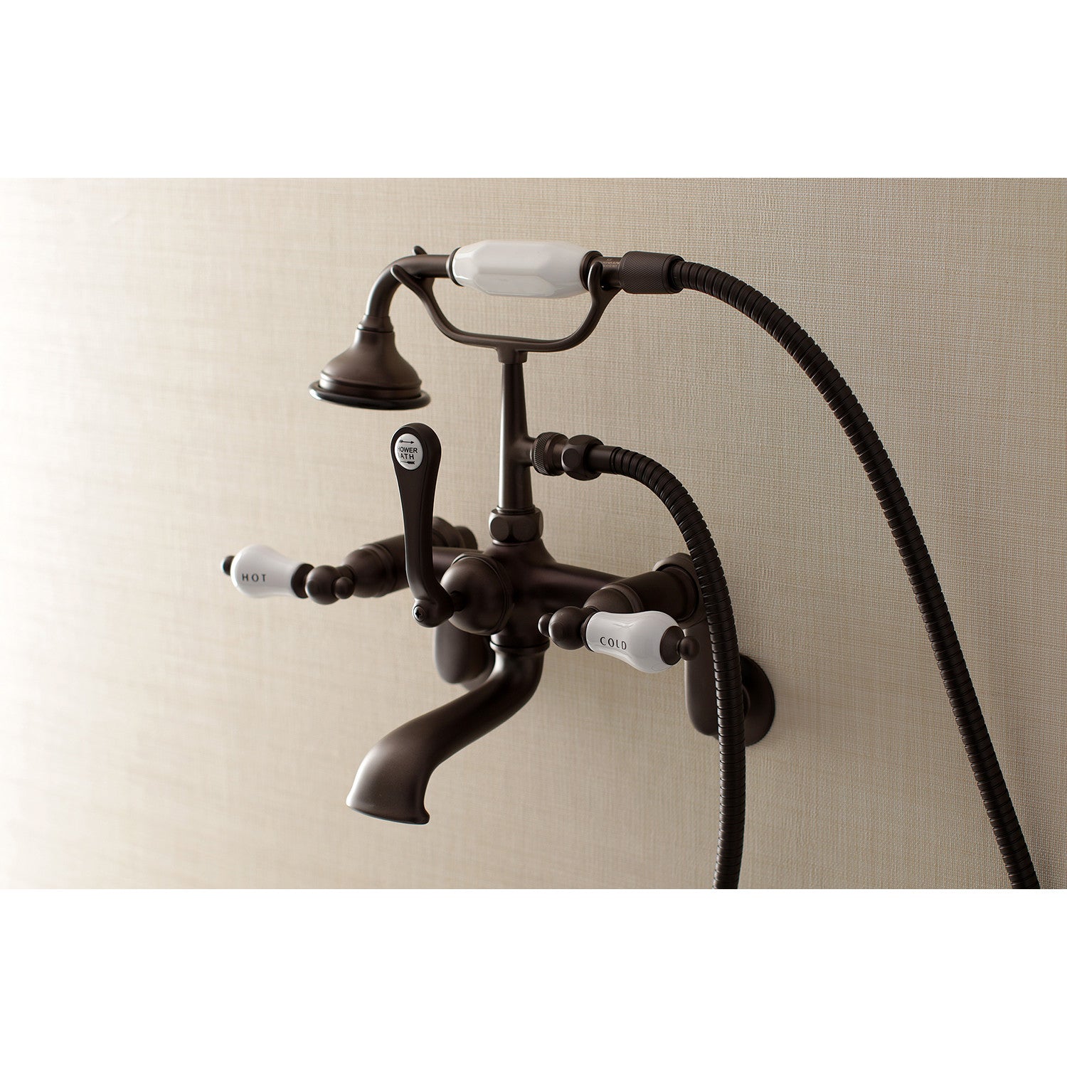 Vintage AE53T5 3-Handle 2-Hole Wall Mount Clawfoot Tub Faucet with Hand Shower in Oil Rubbed Bronze - Perfect for Classic Bathroom Renovations & Luxury Spa Retreats