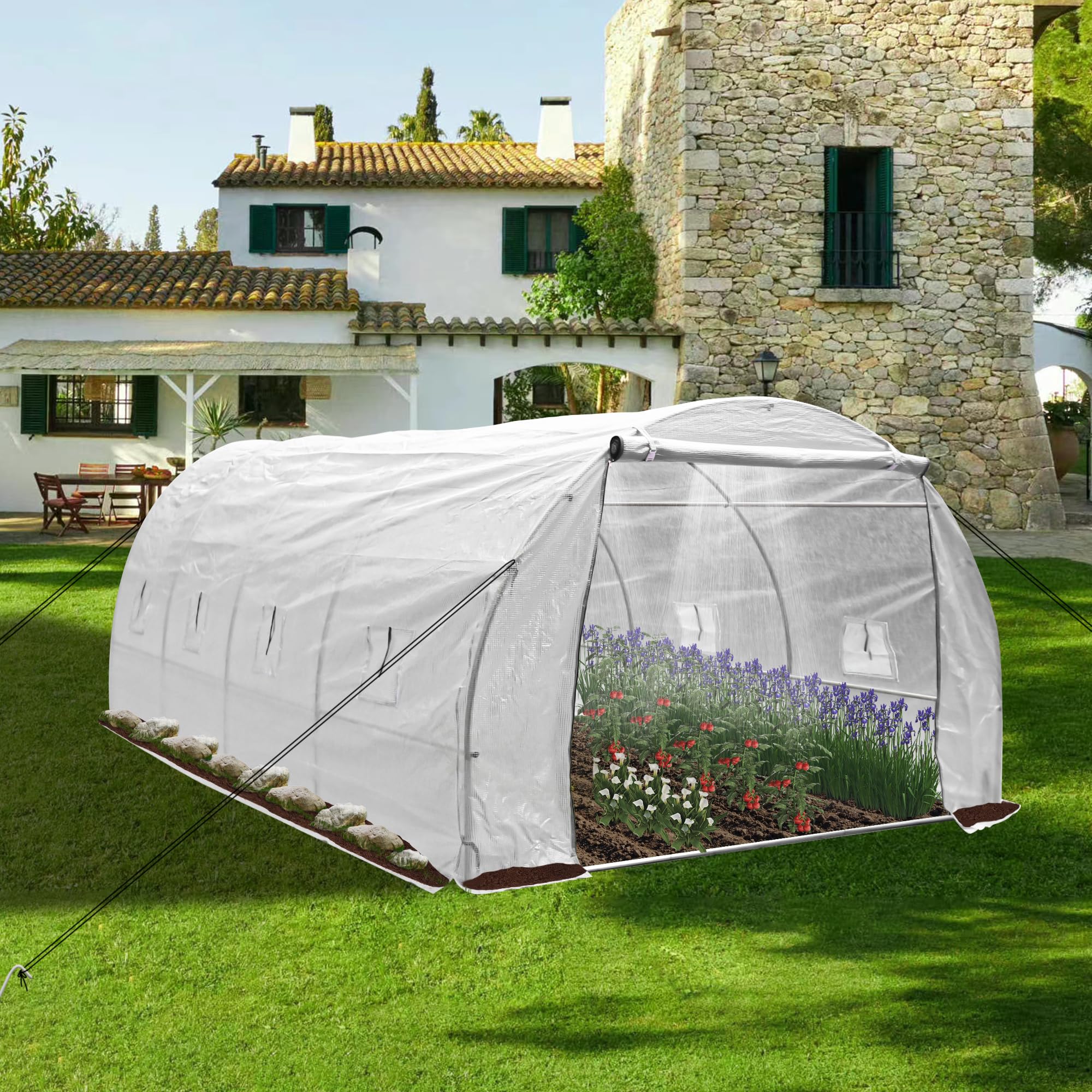 13x8x6.5FT Walk-in Greenhouse for Outdoor Gardening - Large High Tunnel PE Cover Greenhouse with Portable Irrigation System - Perfect for Growing Vegetables, Flowers & Herbs in Backyard or Patio