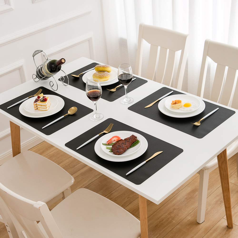 DOLOPL Set of 6 Black Waterproof Faux Leather Placemats - Heat Resistant Table Mats for Kitchen & Dining Room Decor - Wipeable Indoor Outdoor Table Mats for Daily Use, Parties & Picnics