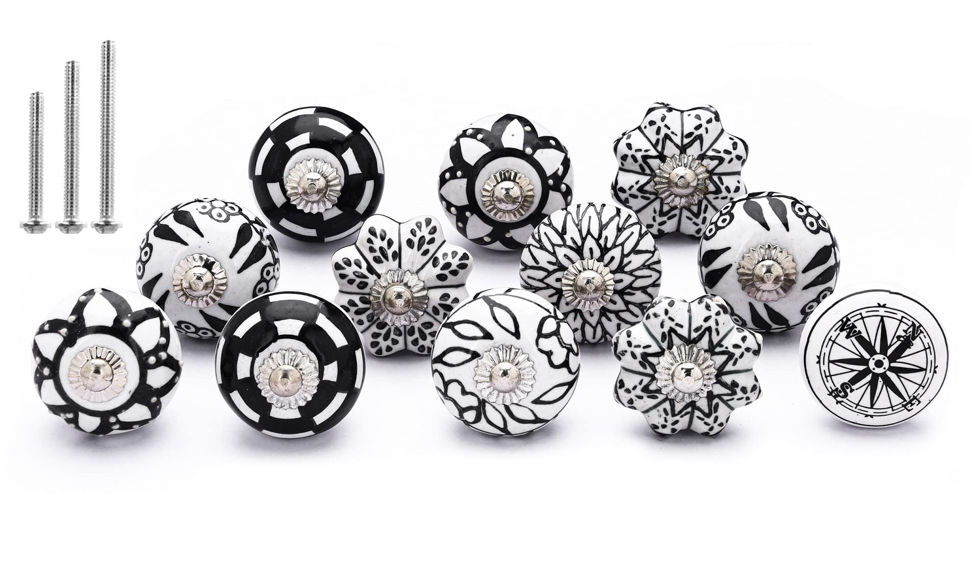 Handpainted Ceramic Drawer Knobs - Black & White Cabinet & Dresser Pulls for Kitchen, Office & Furniture (Pack of 12) - Perfect for Home Decor, DIY Projects & Cabinet Upgrades