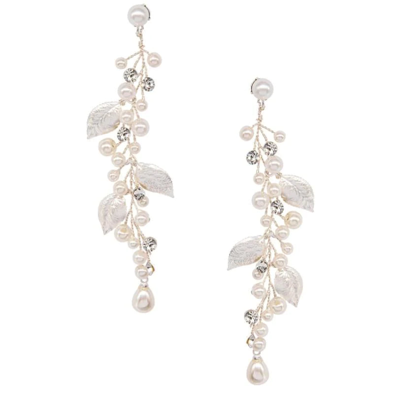 Elegant Crystal and Pearl Vine Leaf Wedding Earrings in Silver 7660 - Perfect for Bridal, Prom, Evening Gowns & Special Occasions