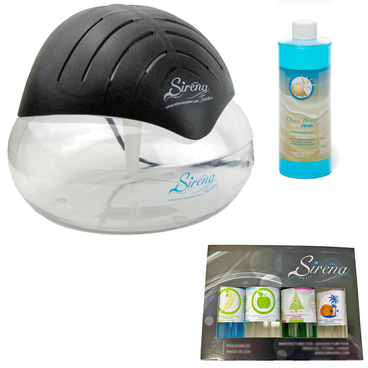Premium Sirena Twister Air Freshener Pack (Black) - Includes Ocean Breeze Deodorizer & Essential Oils - Water Filter Aroma Diffuser with LED Night Light for Home, Office, Bedroom, and Car - Eliminates Odors & Creates Relaxing Ambience