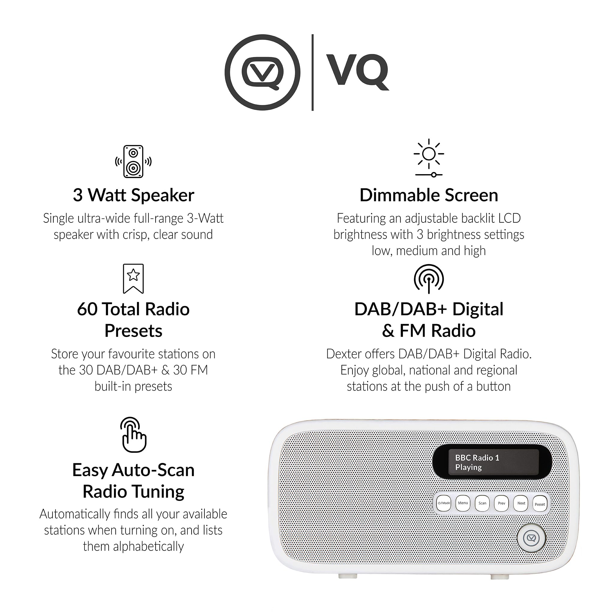VQ Dexter Portable DAB+ FM Radio with Auto Scan - 60 Presets, Mains/Battery Powered, Digital Tick Approved (Oak) | Perfect for Home, Office, Travel & Outdoor Use