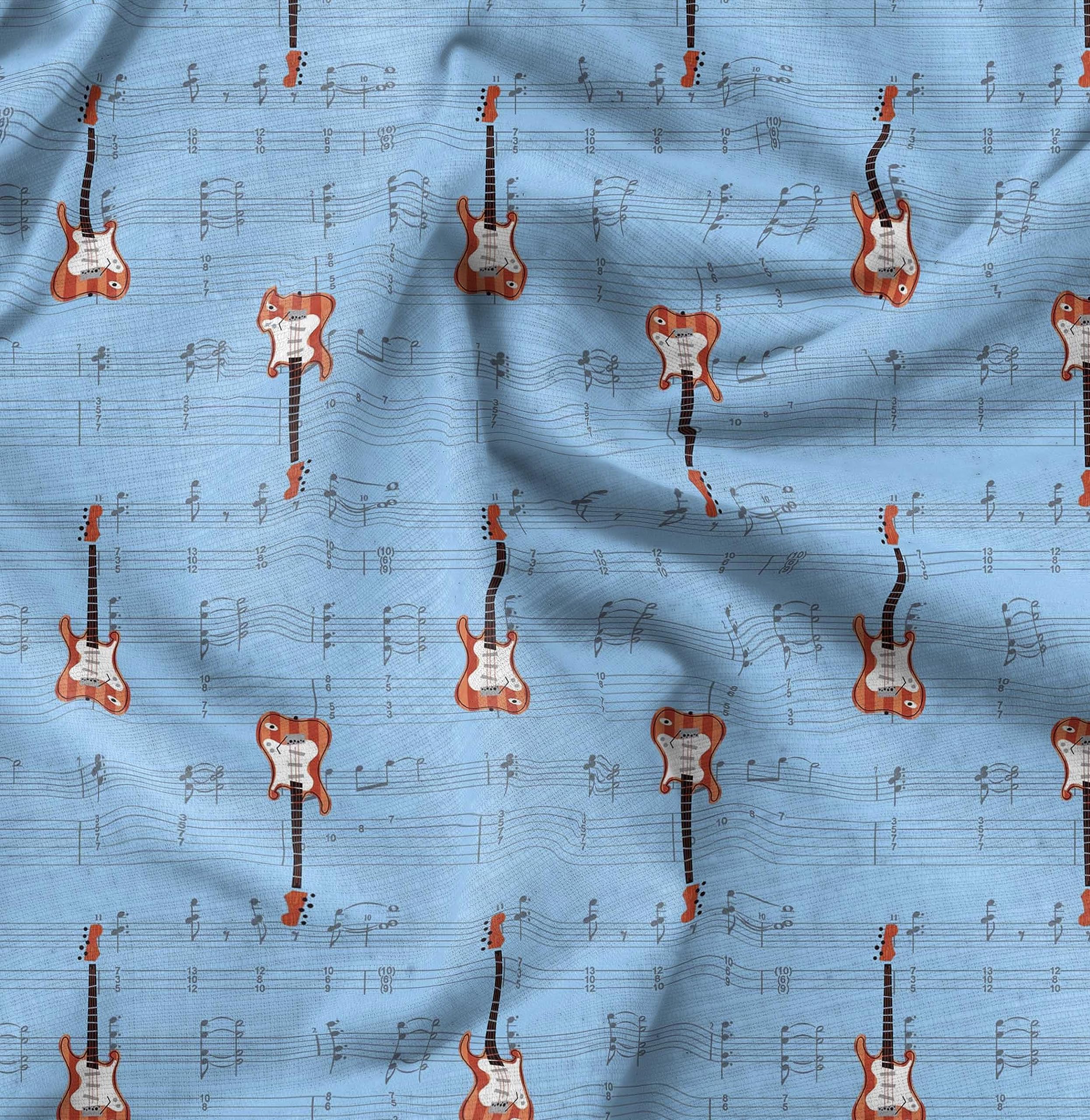 Soimoi Moss Georgette Blue Fabric by The Yard - 42 Inch Wide Printed Fabric for Dresses, Curtains & Home Decor - Musical Notes & Guitar Design Fashion Material