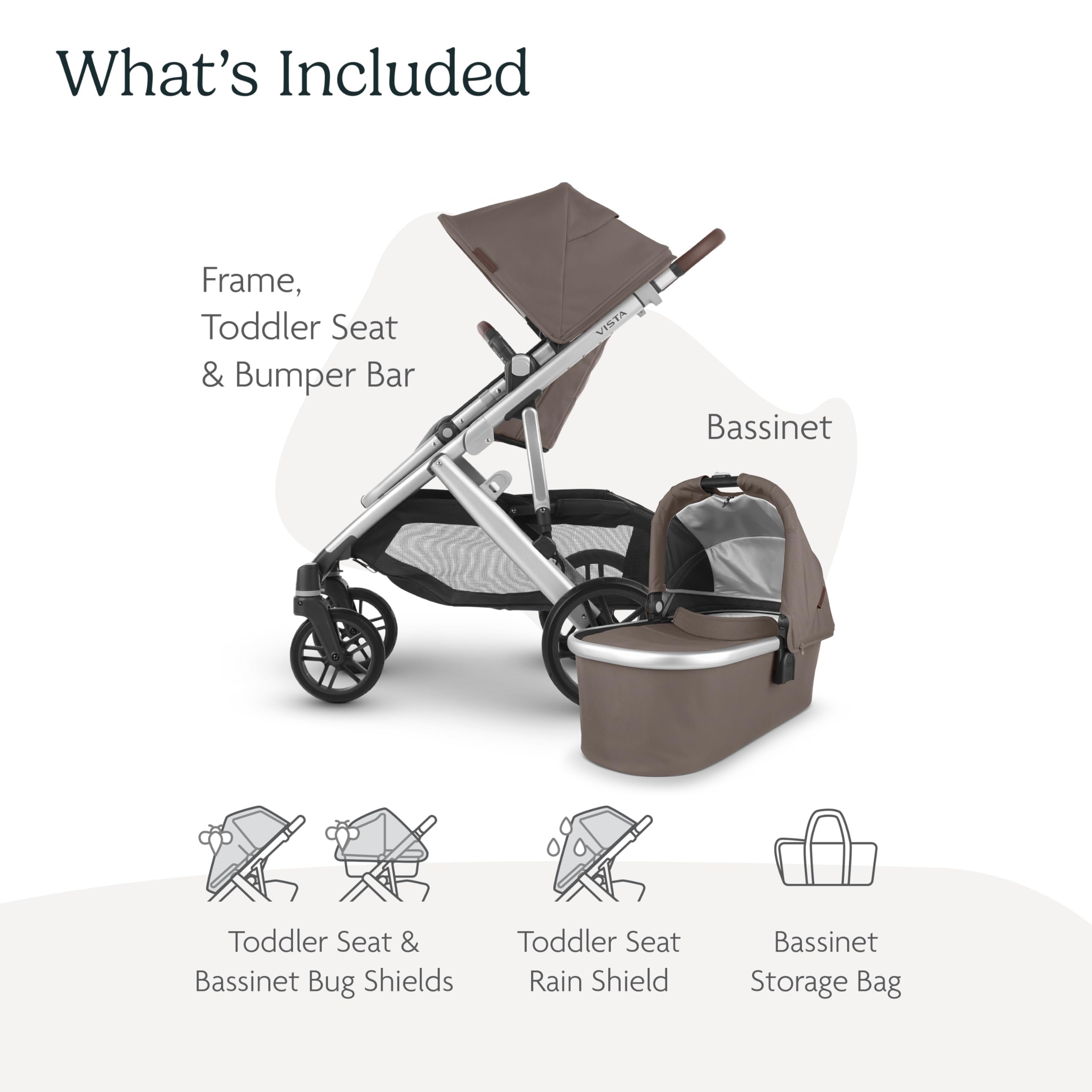 Vista V2 Stroller - Convertible Single to Double System with Bassinet, Toddler Seat, Bug Shield, Rain Cover & Storage Bag - Theo (Dark Taupe/Silver Frame/Chestnut Leather) - Perfect for Newborns, Twins & Everyday Family Outings