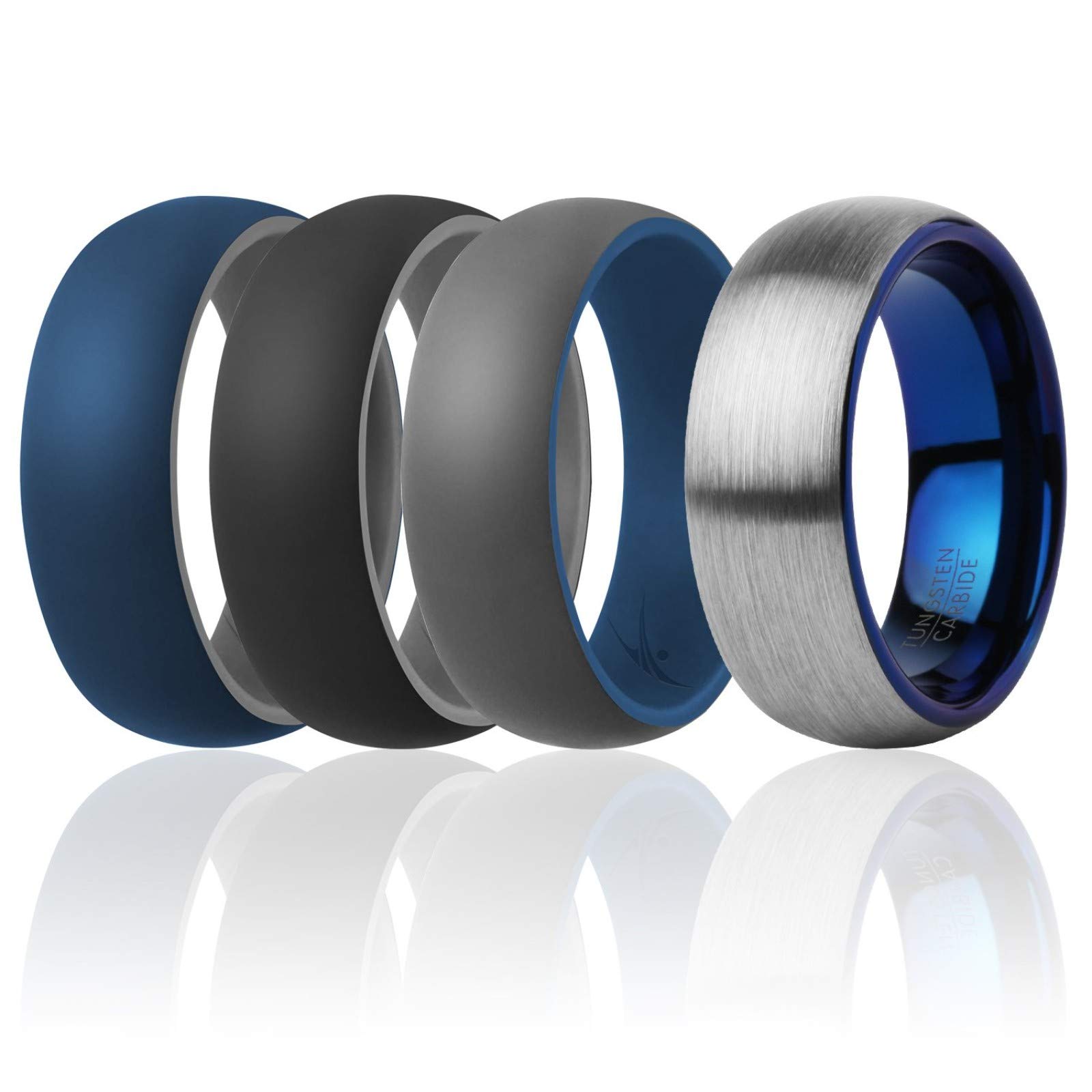 ROQ Silicone Rubber Wedding Rings for Men - 4 Pack Comfort Fit Tungsten Carbide & Dome Style Bands (8mm Wide, 2mm Thick) - Multi Colors for Active Lifestyle, Gym, Swimming & Outdoor Adventures