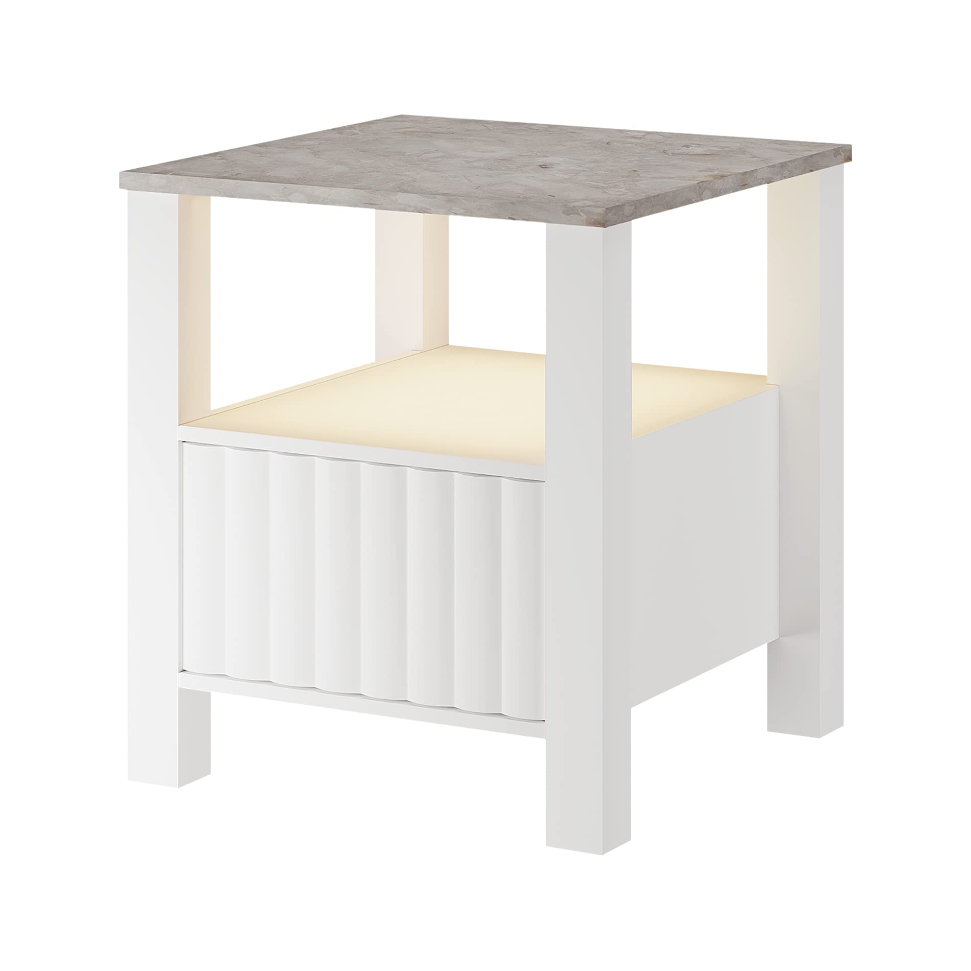 WAMPAT White End Table with Storage Cabinet & Open Shelf, Wood Nightstand with Faux Marble Tabletop & LED Light - Perfect for Living Room, Bedroom & Small Spaces (White/Grey) | Modern Side Table for Home Decor, Apartment Essentials & Cozy Lighting