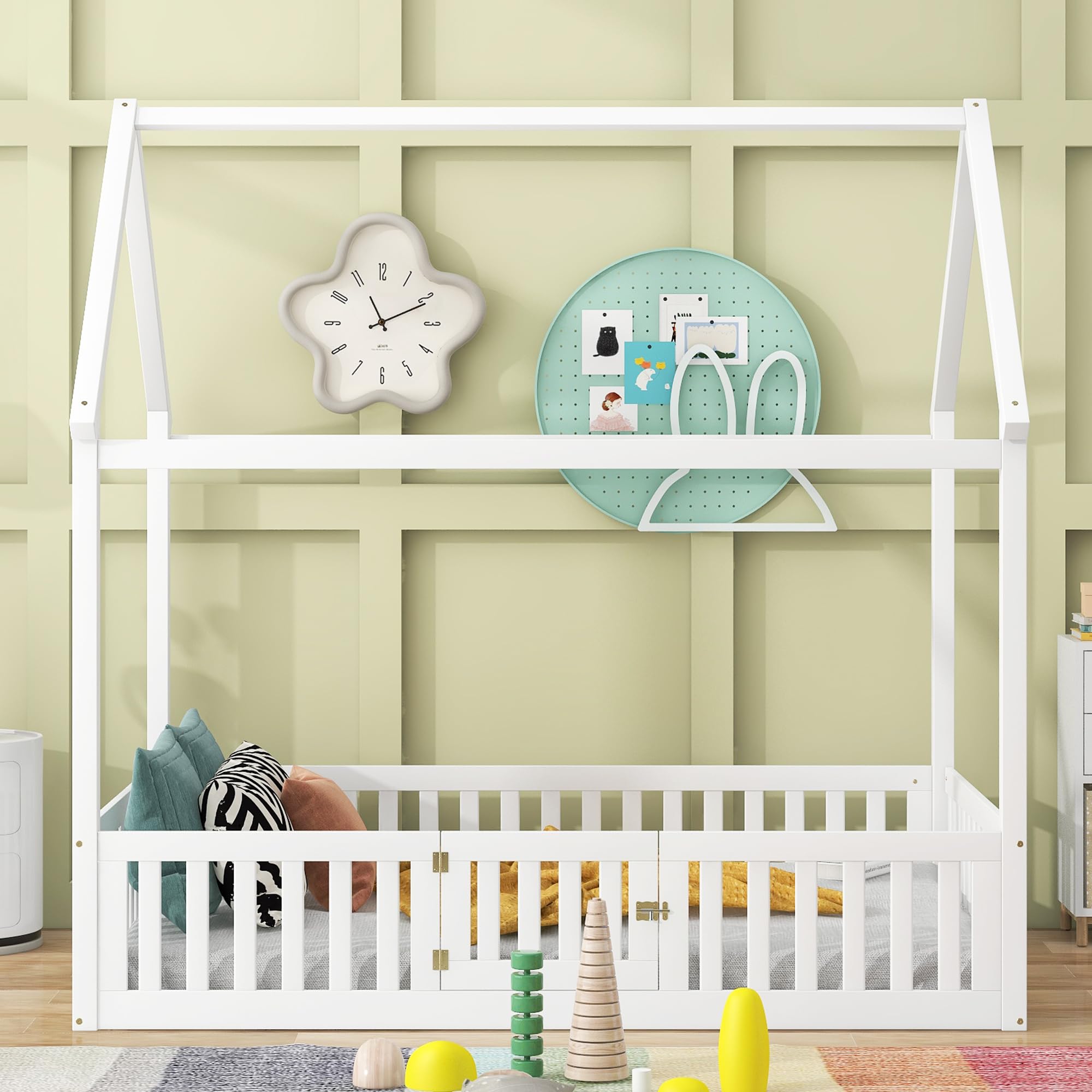 Montessori Wooden Floor Bed for Kids - Full Size House Bed Frame with Safety Fence & Door - White Toddler Bed for Boys & Girls - Perfect for Montessori Rooms, Nursery Decor & Child Safety