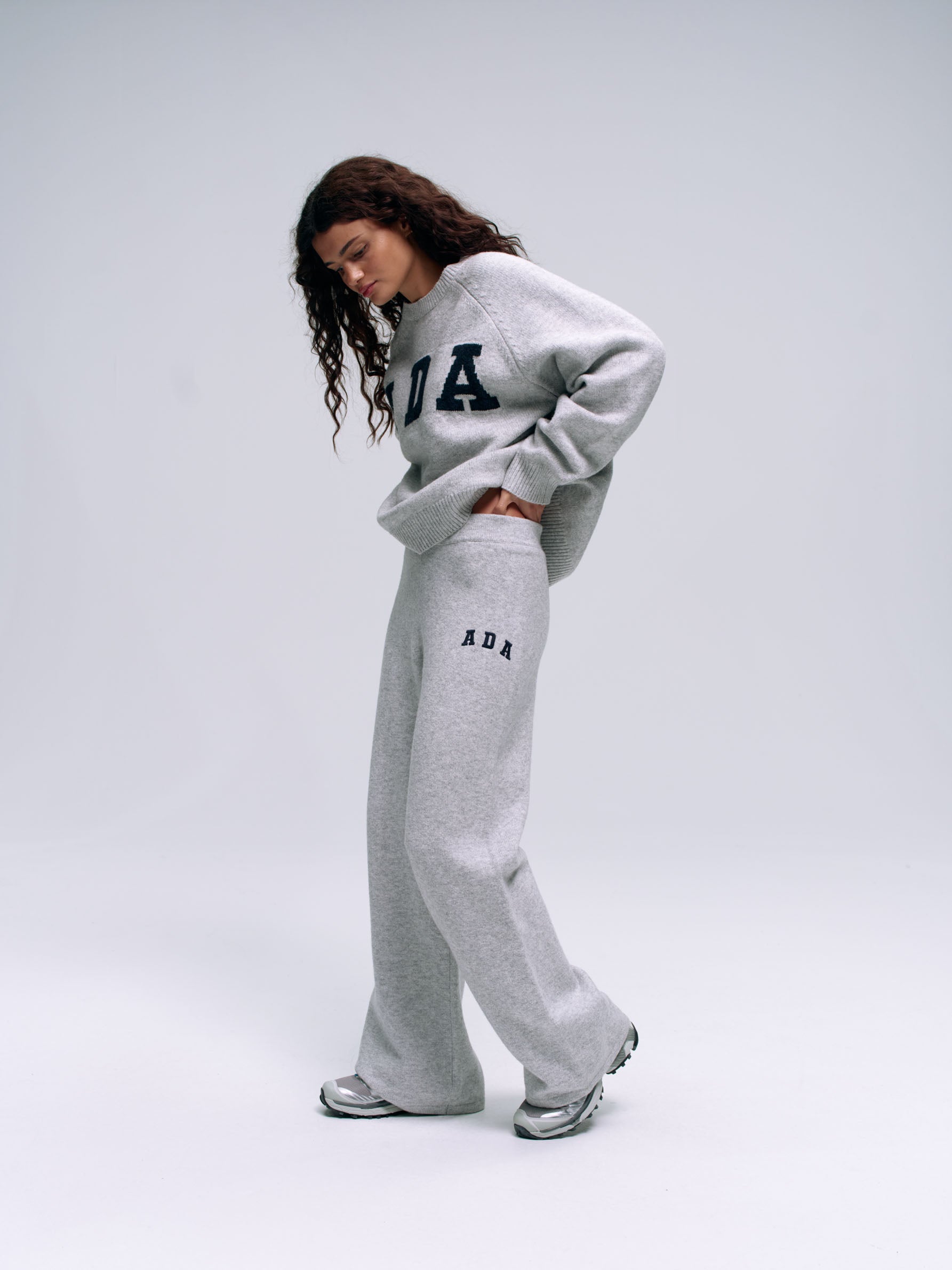 ADA Knit Straight Leg Sweatpants for Women - Light Grey Melange & Navy Blue | Comfortable Casual Lounge Pants for Yoga, Running, and Home Wear