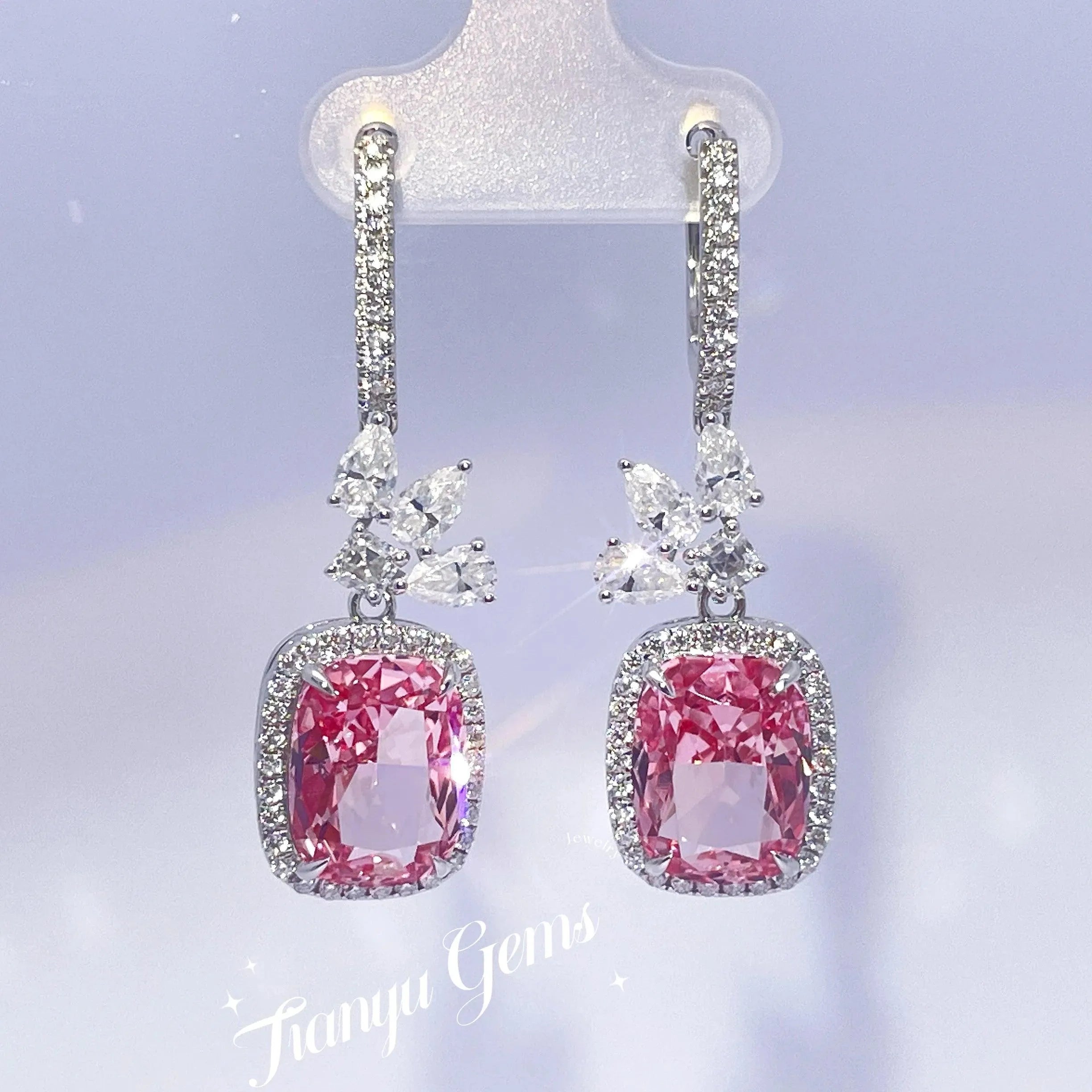 9x12mm Cushion Lab Pink Sapphire Drop Earrings for Women - 10K/14K White Gold with DEF Moissanite Diamonds | Elegant Wedding, Anniversary & Special Occasion Jewelry Gift