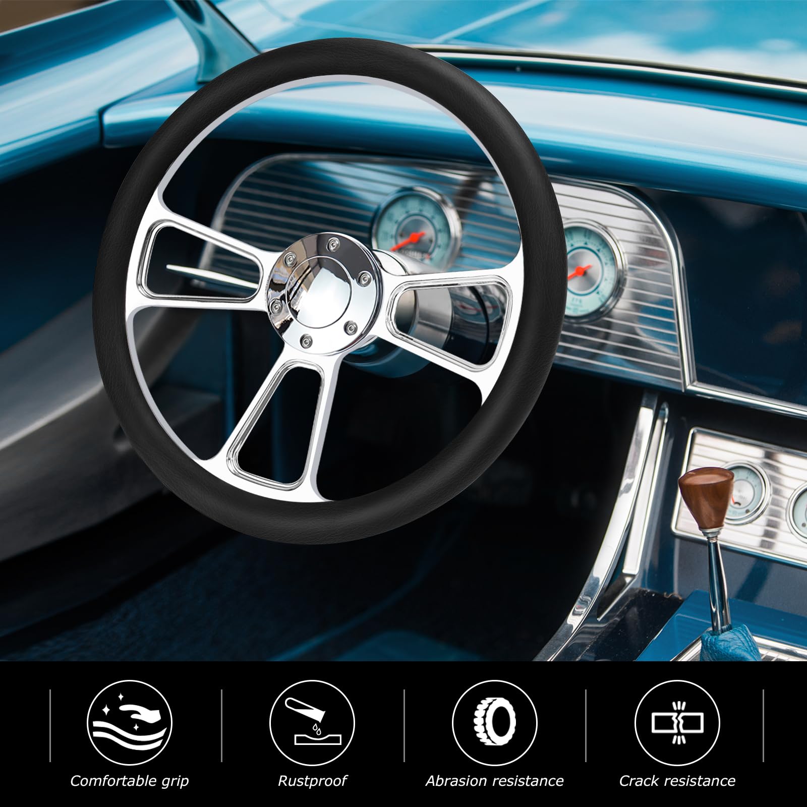 14 Inch Universal 6-Hole Silver Aluminum 3-Spoke Muscle Style Racing Steering Wheel with Horn Button & Leather Grip - Perfect for Car Enthusiasts, Racing Simulators & Custom Vehicle Upgrades