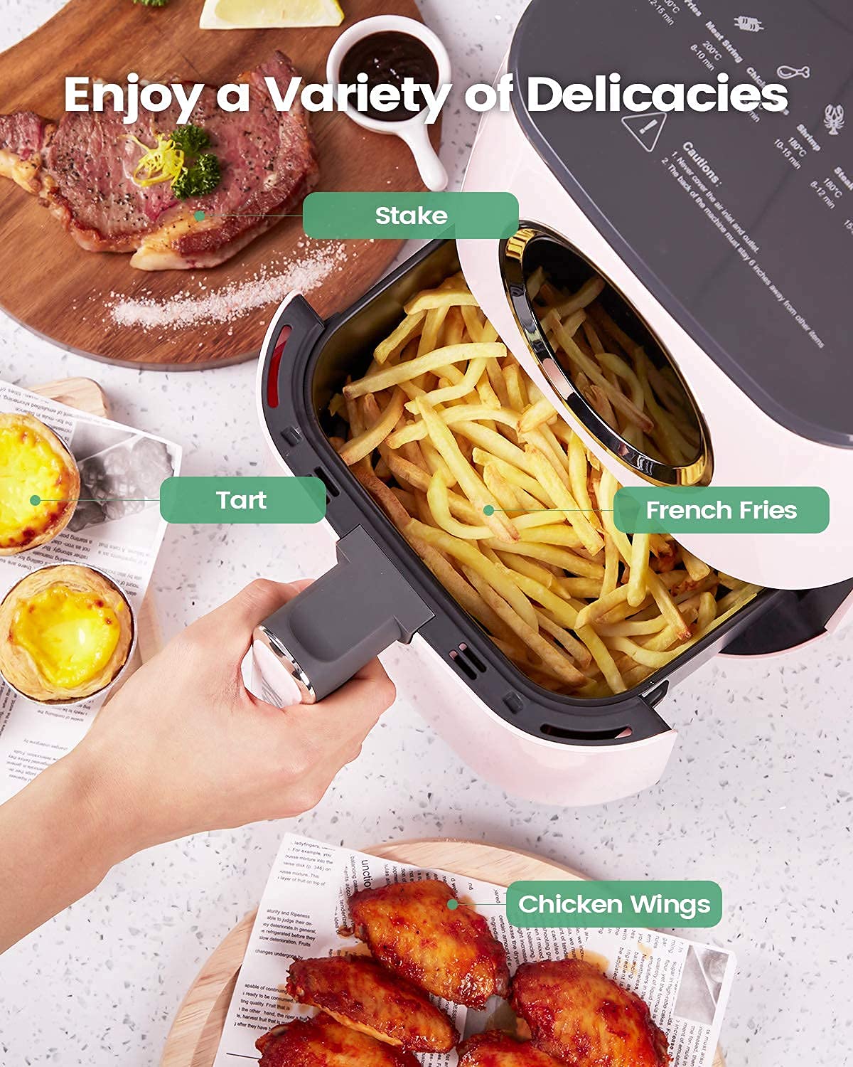 BUDDY GROUP KOOC 4.5 Quart Large Air Fryer with Accessories - 8-in-1 Electric Hot Air Oven Cooker with LED Touch Screen, Nonstick Basket & Cheat Sheet - Perfect for Healthy Frying, Baking, Roasting - Ideal for Family Meals, Snacks & Meal Prep (Pink)