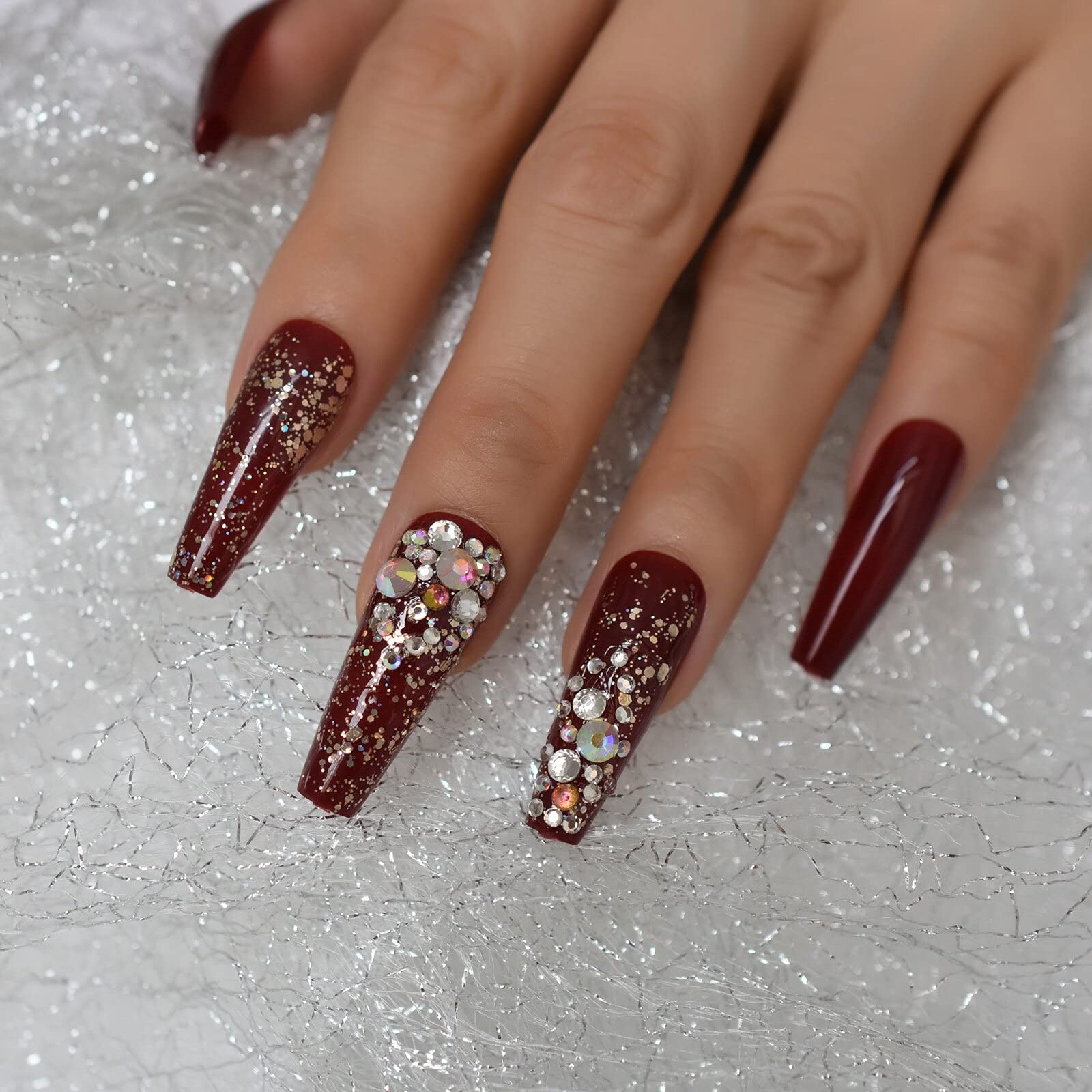 Burgundy Press On Nails with Rhinestone & Glitter Designs - Extra Long Coffin Fake Nails for Women - Perfect for Parties, Weddings & Special Occasions