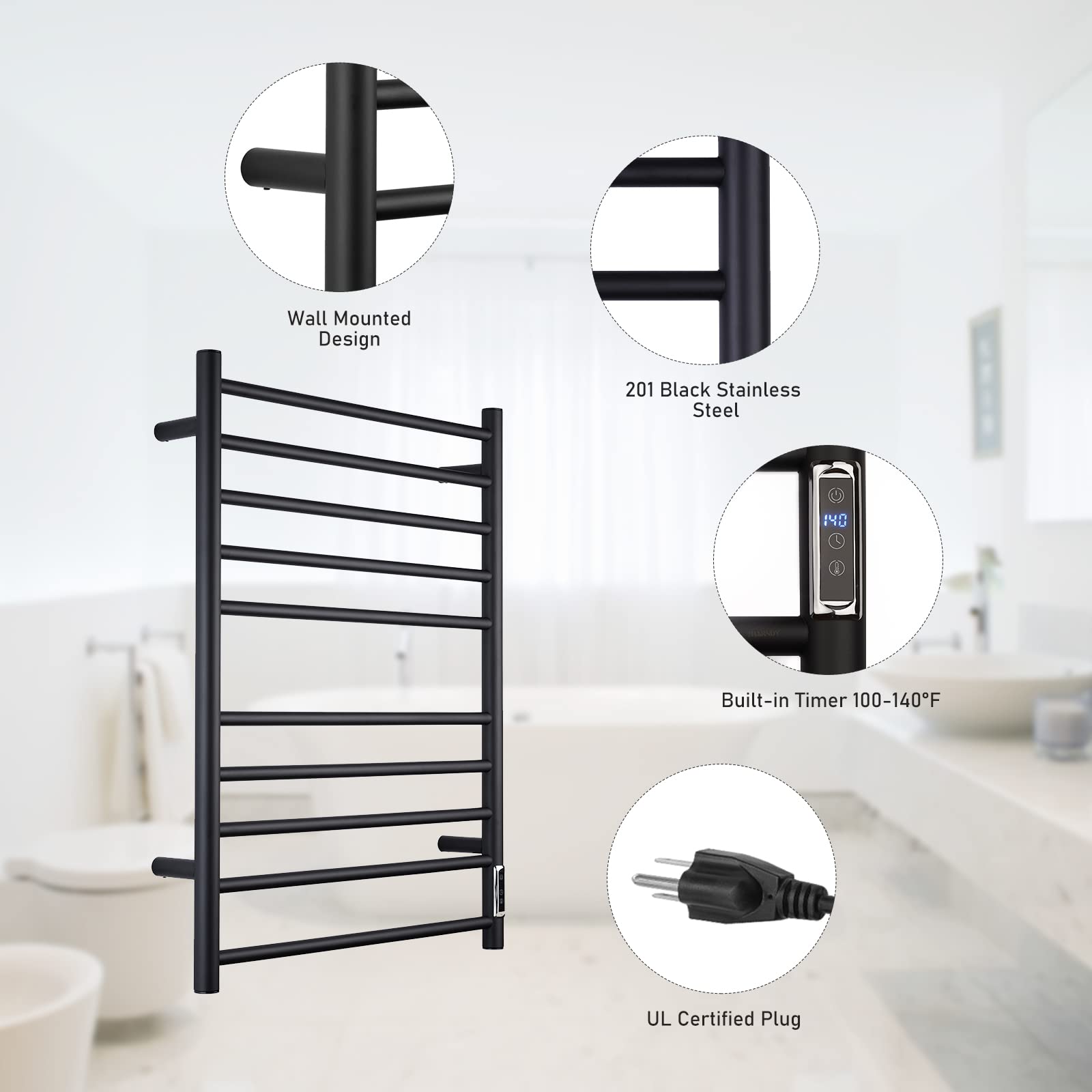 ETW25A Electric Towel Warmer with Timer - Wall Mounted Bathroom Heated Towel Rack, Plug-in Black - Perfect for Spa, Luxury Bathrooms & Cold Weather Comfort