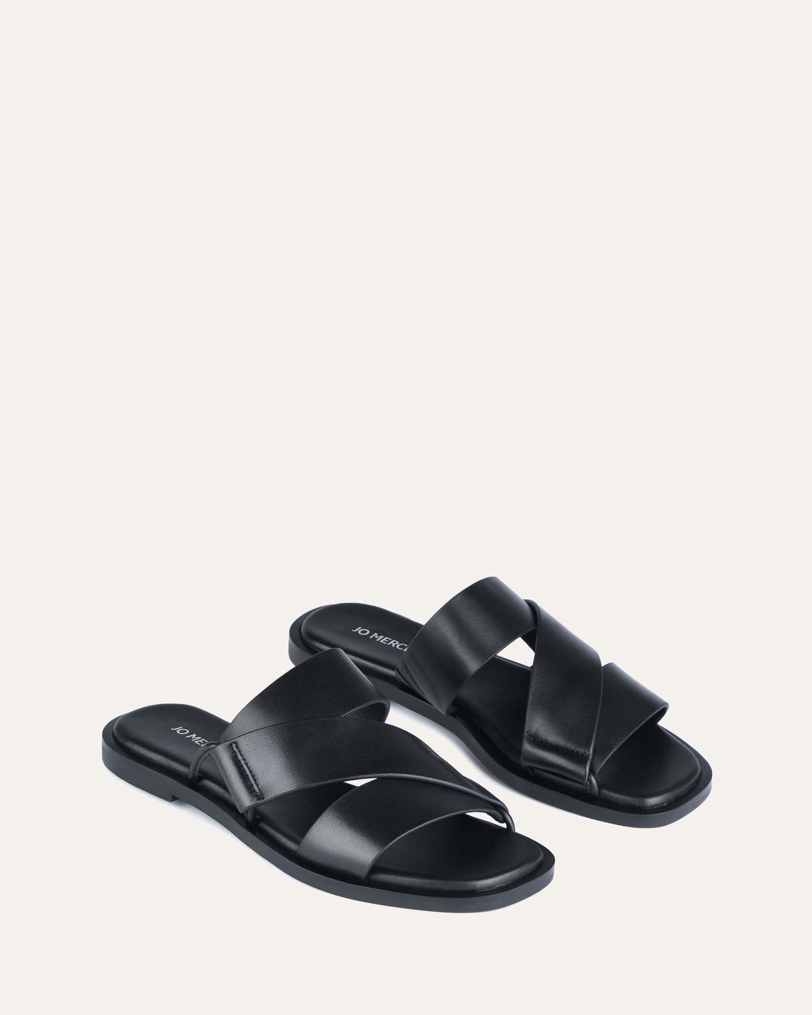Shelby Black Leather Flat Slides - Comfortable Women's Sandals for Casual Wear, Beach, and Summer Outfits