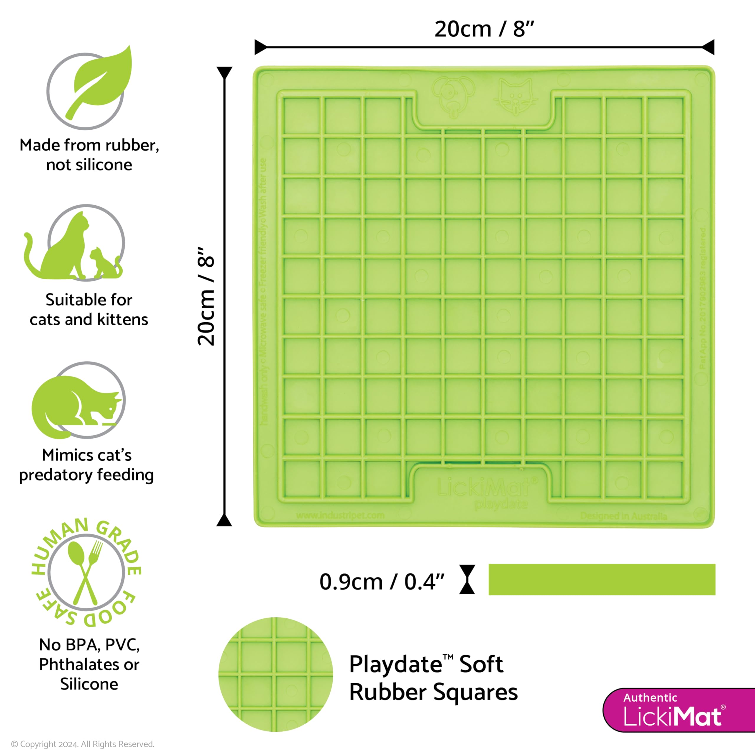 LickiMat Classic Playdate Cat Slow Feeder Lick Mat - Anxiety & Boredom Reducer for Cats - Perfect for Wet Food, Treats, Yogurt & Peanut Butter - Fun Alternative to Slow Feed Cat Bowls (Green) - Great for Mealtime Enrichment & Stress Relief