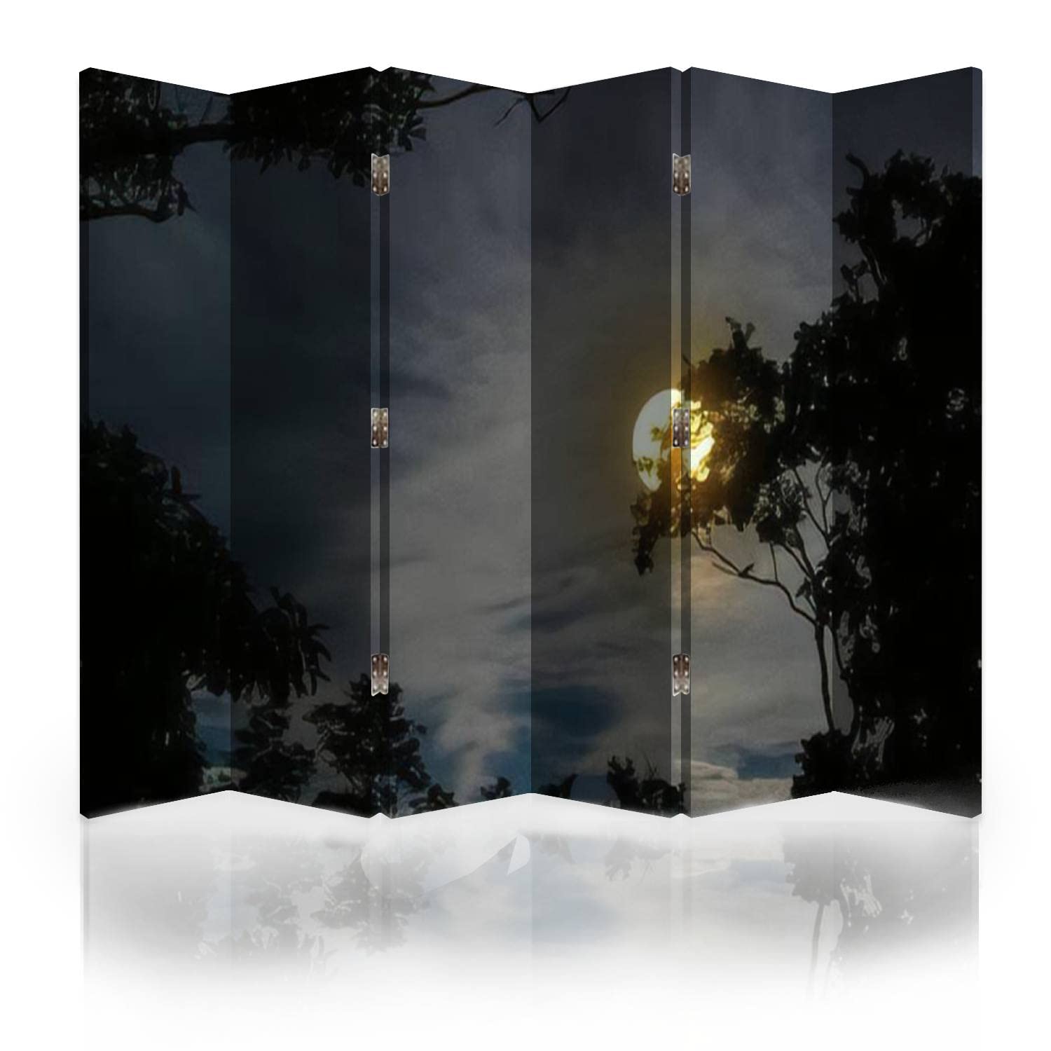 6-Panel Canvas Room Divider Screen - Tree Silhouette with Moon & Sky Design | Halloween Decor, Privacy Partition & Wall Separator for Bedroom, Living Room, Office & Event Spaces