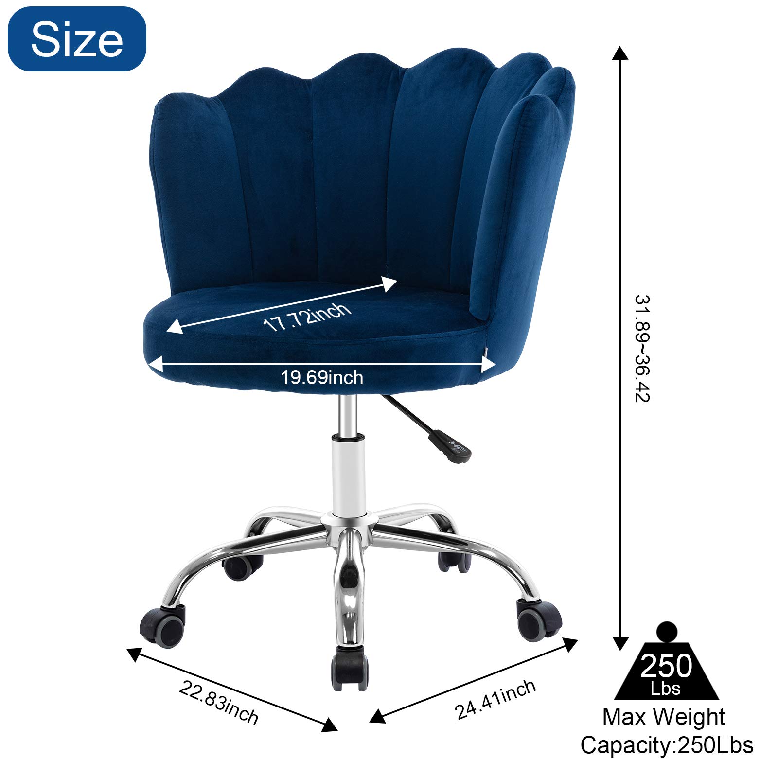 Velvet Desk Chair with Wheels - Modern Swivel Adjustable Height Upholstered Office Task Chair for Home, Living Room & Vanity - Elegant Blue Velvet Fabric for Comfort & Style - Perfect for Work, Study & Relaxation