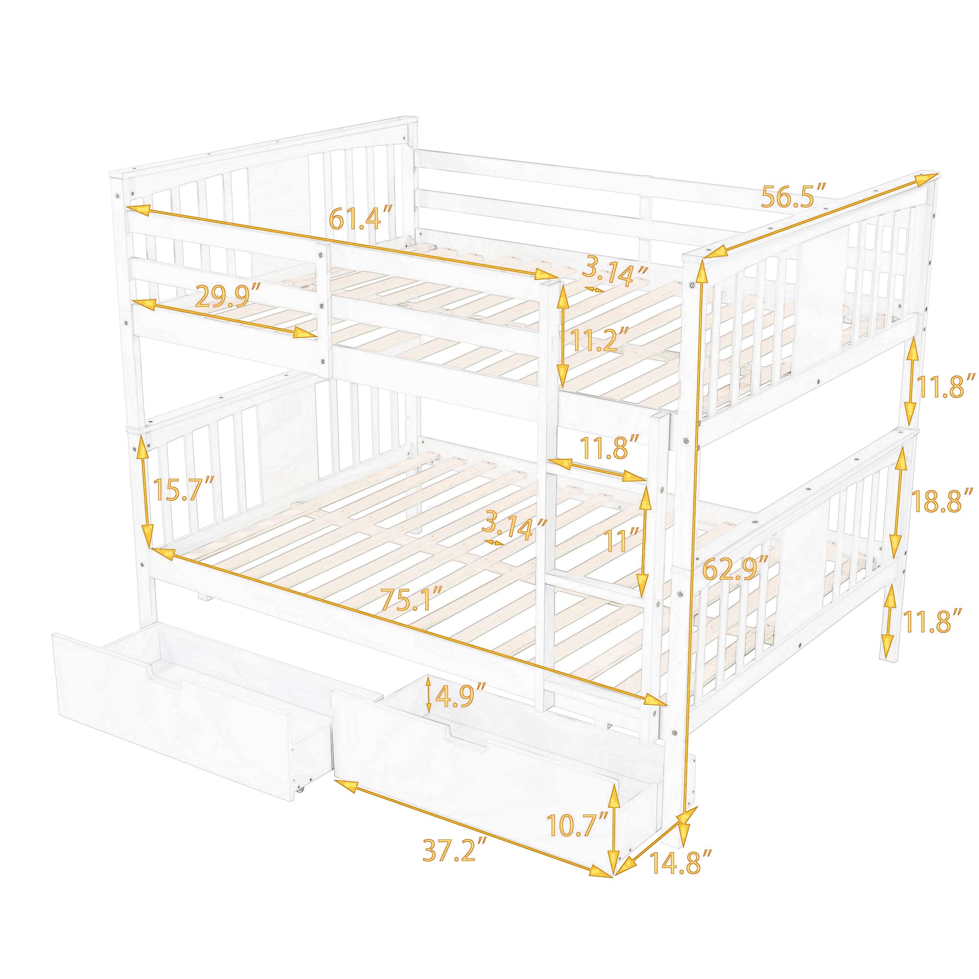 Harper & Bright Designs Full Over Full Bunk Bed with Drawers - Solid Wood Bunk Bed Frame with Ladder & 2 Storage Drawers, Gray - Space Saving Kids Bedroom Furniture for Siblings or Sleepovers
