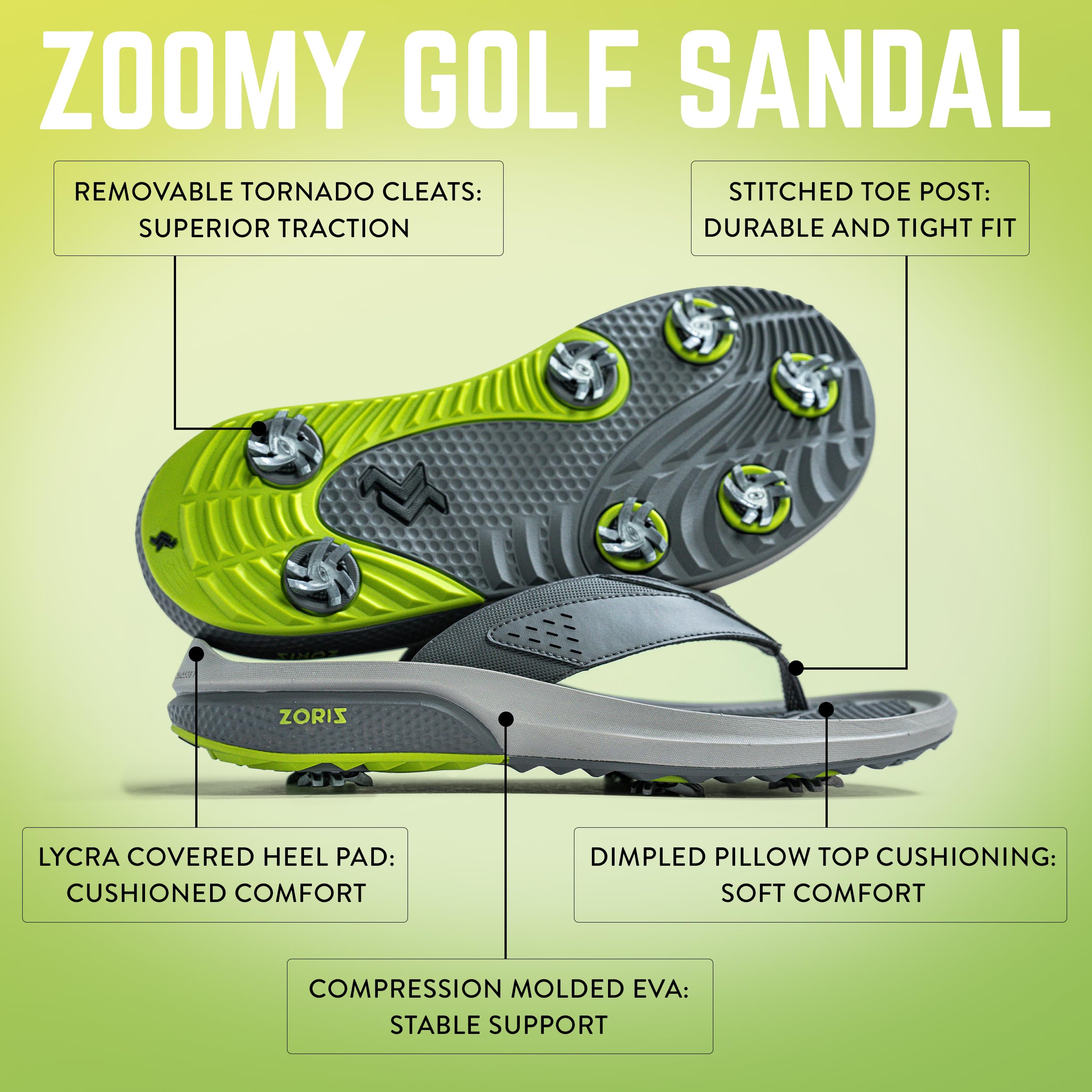 ZORIZ Zoomy Golf Sandals - Unisex Waterproof Golf Flip Flops with Removable Tornado Cleats - Men's & Women's Comfortable Walking Sandals for Beach, Sports, Golf Course & Outdoor Activities