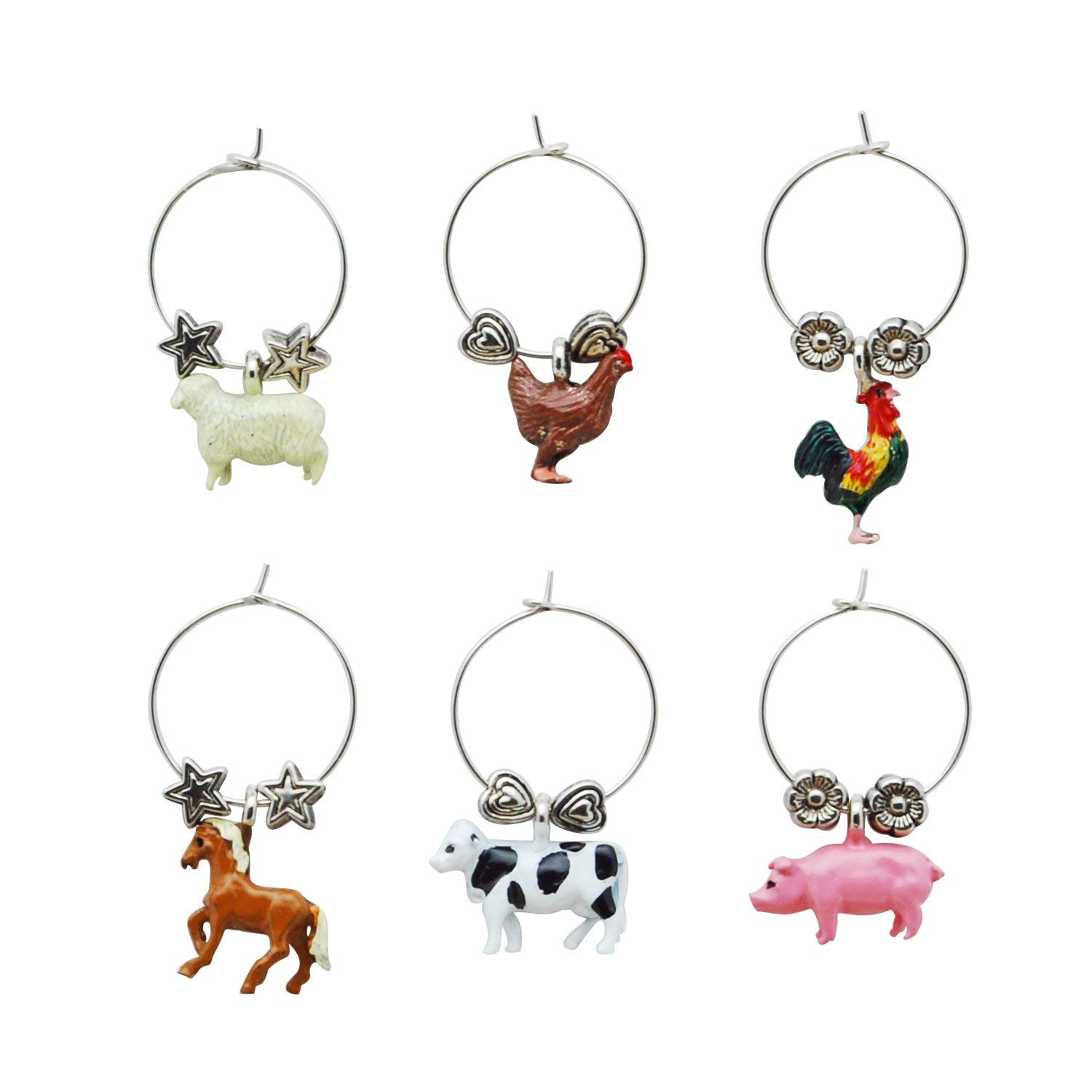 UPware 6-Piece Wine Glass Charms Set - Barnyard Animal Design Drink Markers for Wine Tasting Parties, Bridal Showers & Dinner Events - Stemware Identifiers for Social Gatherings & Home Entertaining