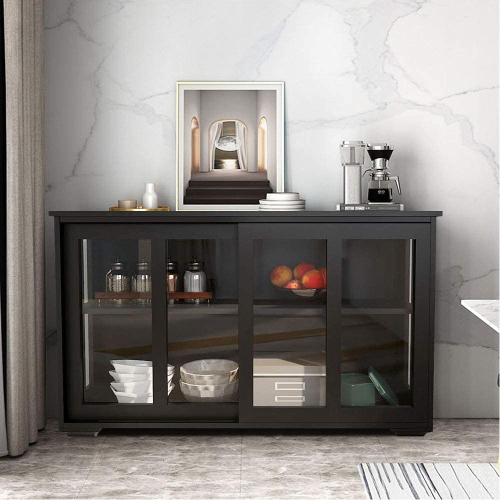 Antique Black Stackable Sideboard Cabinet with Glass Sliding Door & Adjustable Shelves - Universal Kitchen Storage, Buffet Cupboard for Dining & Living Room - Perfect for Small Space Organization & Home Decor