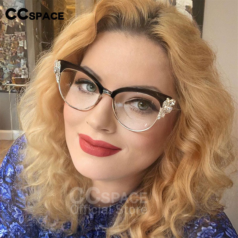 CCspace Women's Full Rim Rhinestone Cat Eye Alloy Frame Eyeglasses 45120 - Stylish Reading Glasses for Women, Fashionable Eyewear for Office, Party & Everyday Use