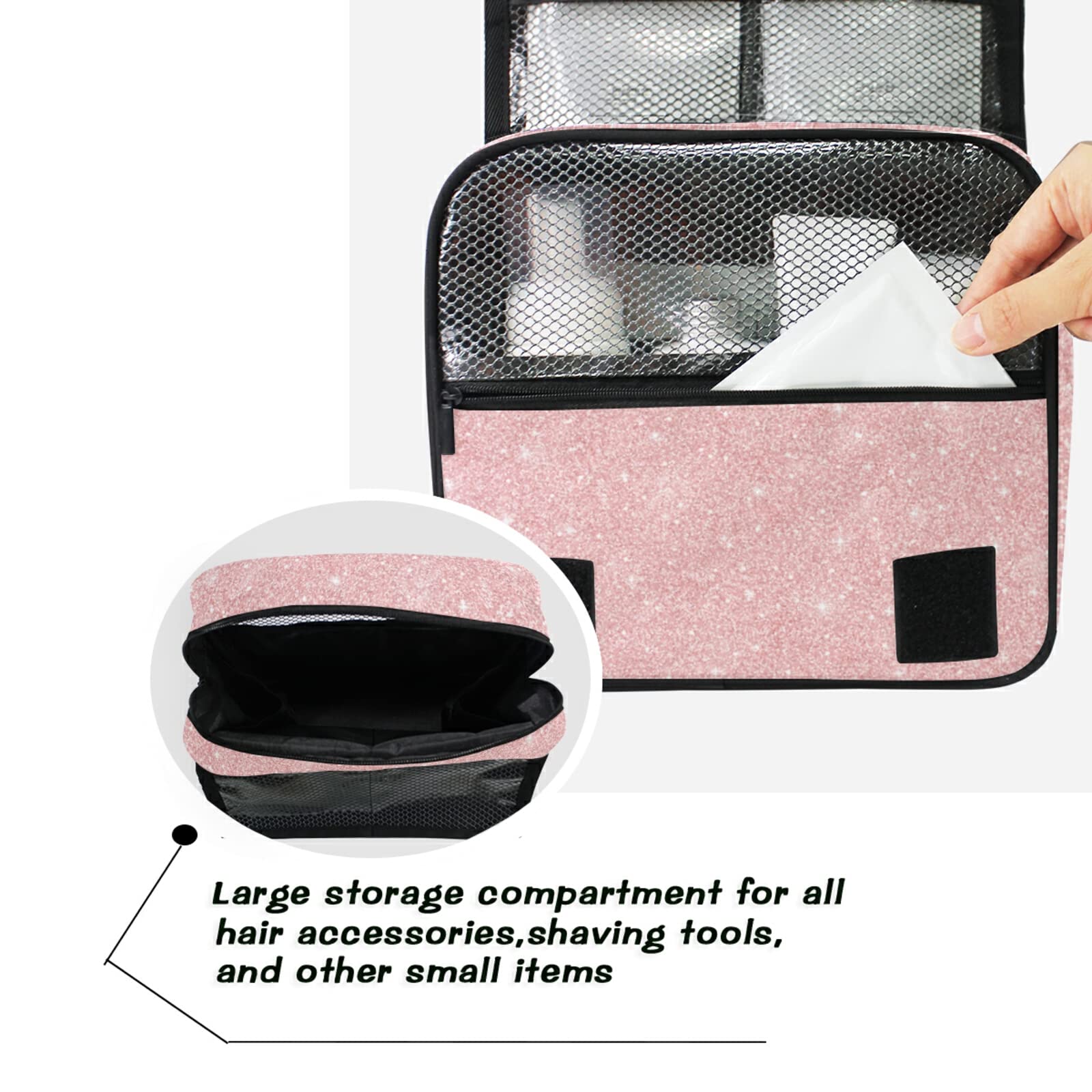 Custom Light Pink Glitter Personalized Travel Hanging Toiletry Bag - Large Waterproof Makeup Organizer for Women & Girls - Perfect for Cosmetics, Toiletries, Travel & Gym Essentials