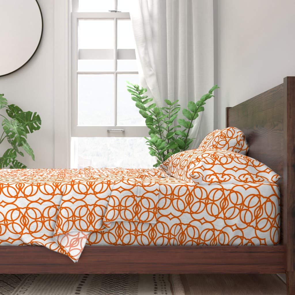 100% Cotton Queen Size 4-Piece Bed Sheet Set - Orange Circles Geometric Modern Abstract Print | Soft Breathable Comfortable Bedding for Home, Hotel & Guest Room